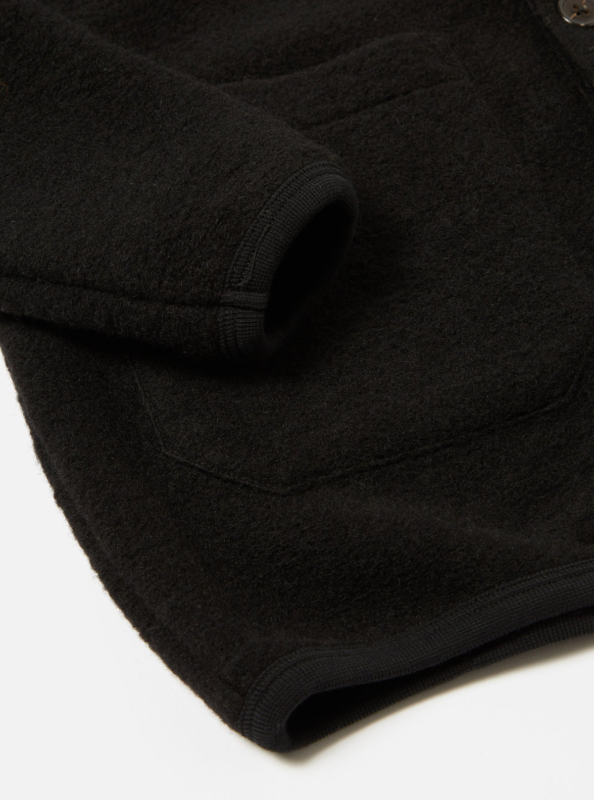 Universal Works Cardigan in Black Wool Fleece