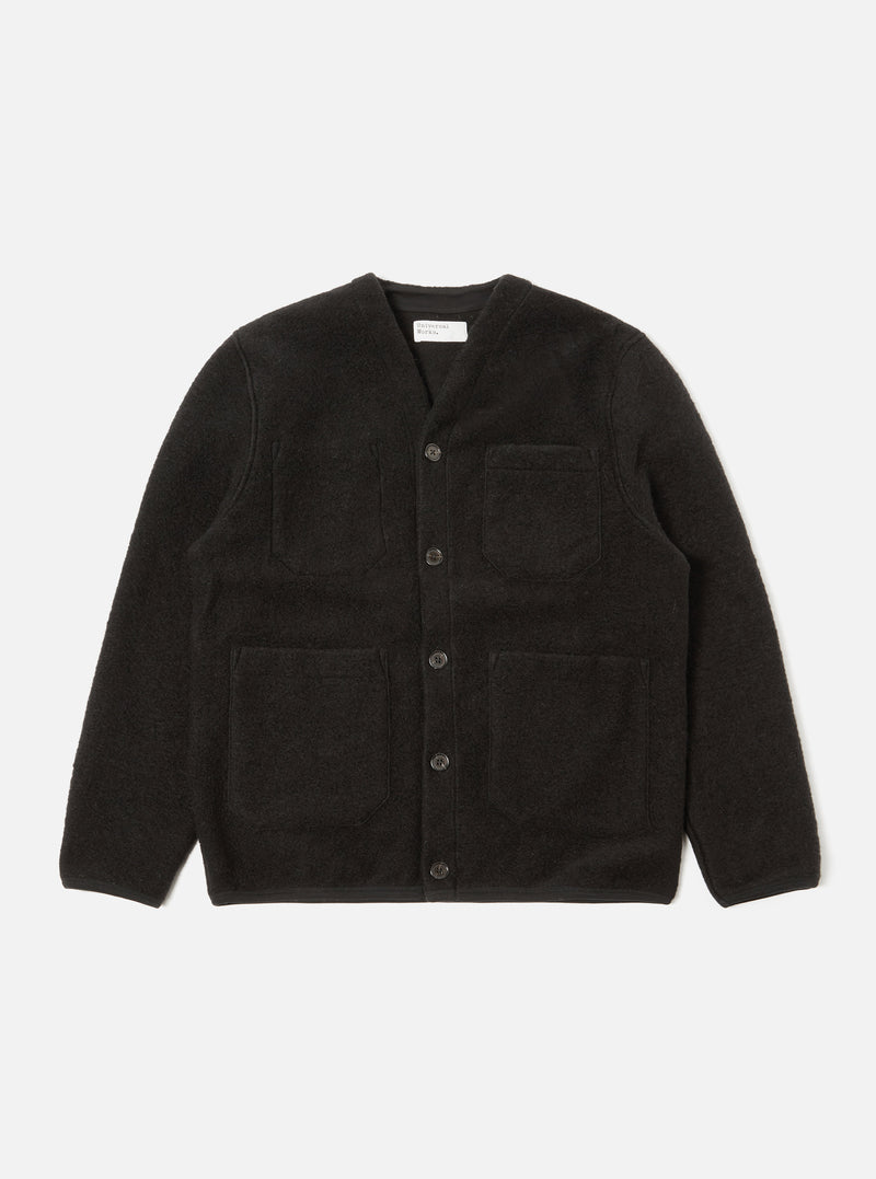 Universal Works Cardigan in Black Wool Fleece