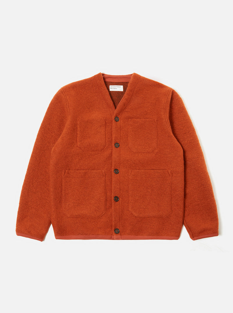 Universal Works Cardigan in Orange Wool Fleece