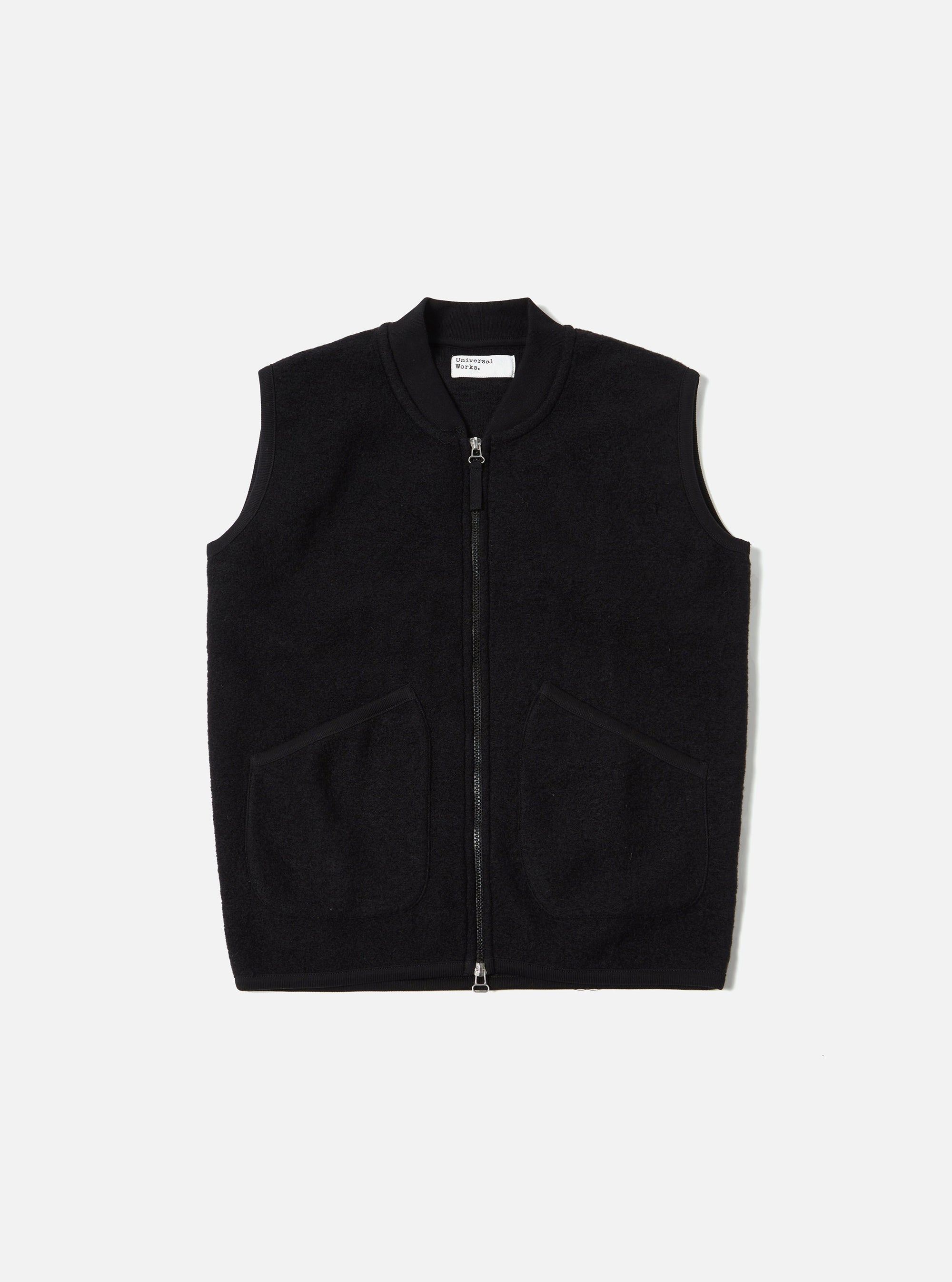 Universal Works Zip Waistcoat in Black Wool Fleece