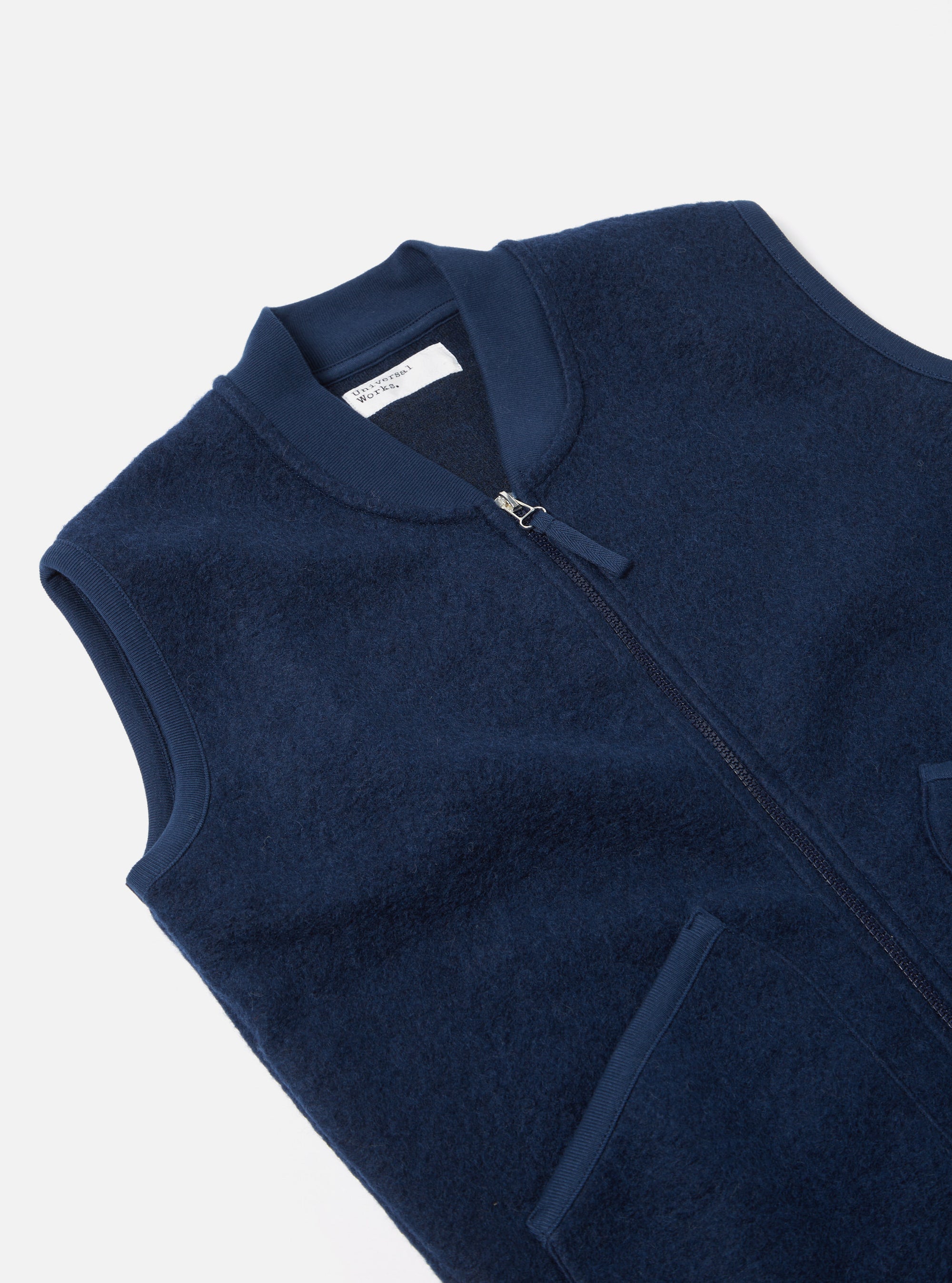 Universal Works Zip Waistcoat in Indigo Wool Fleece