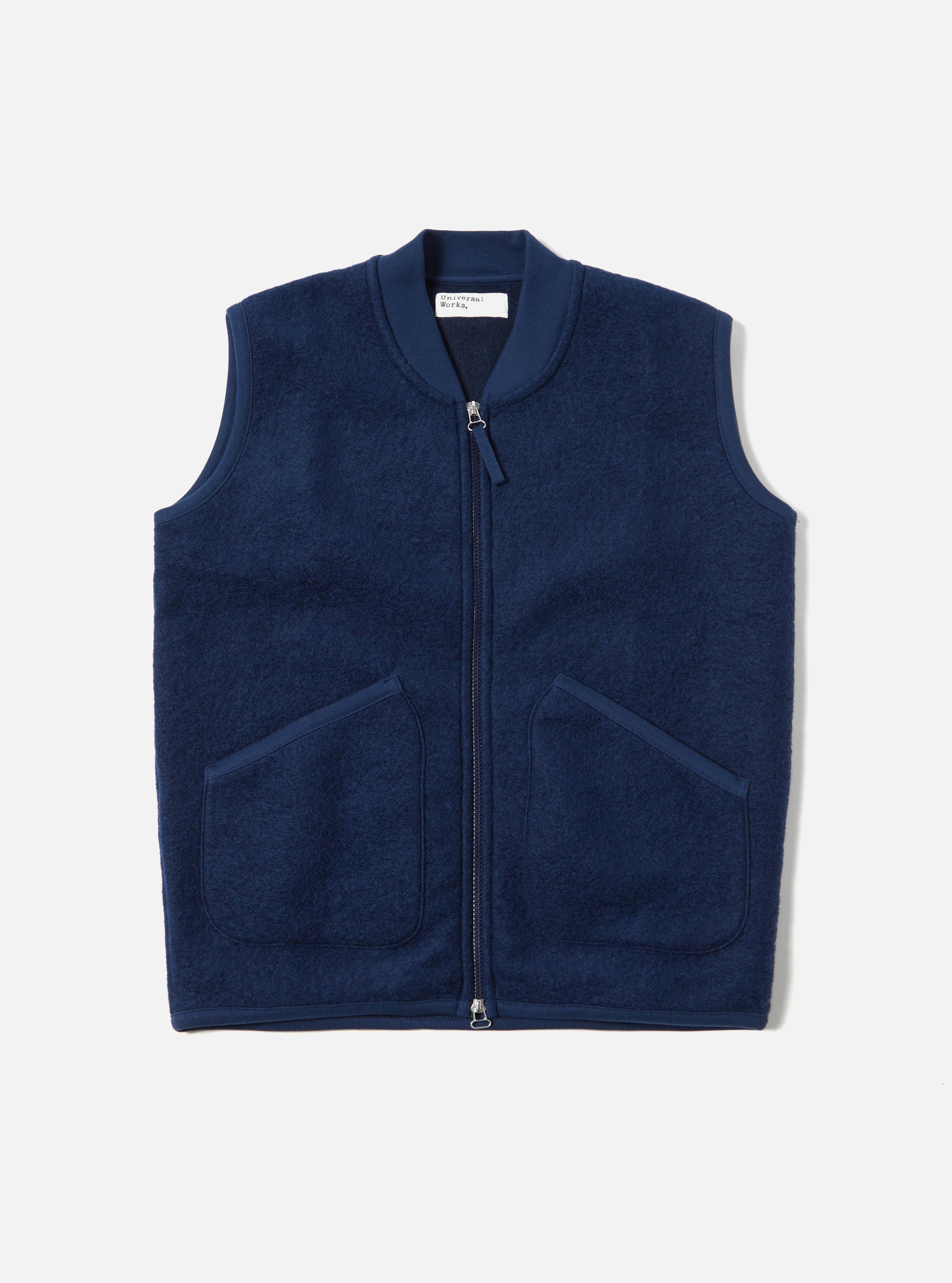 Universal Works Zip Waistcoat in Indigo Wool Fleece