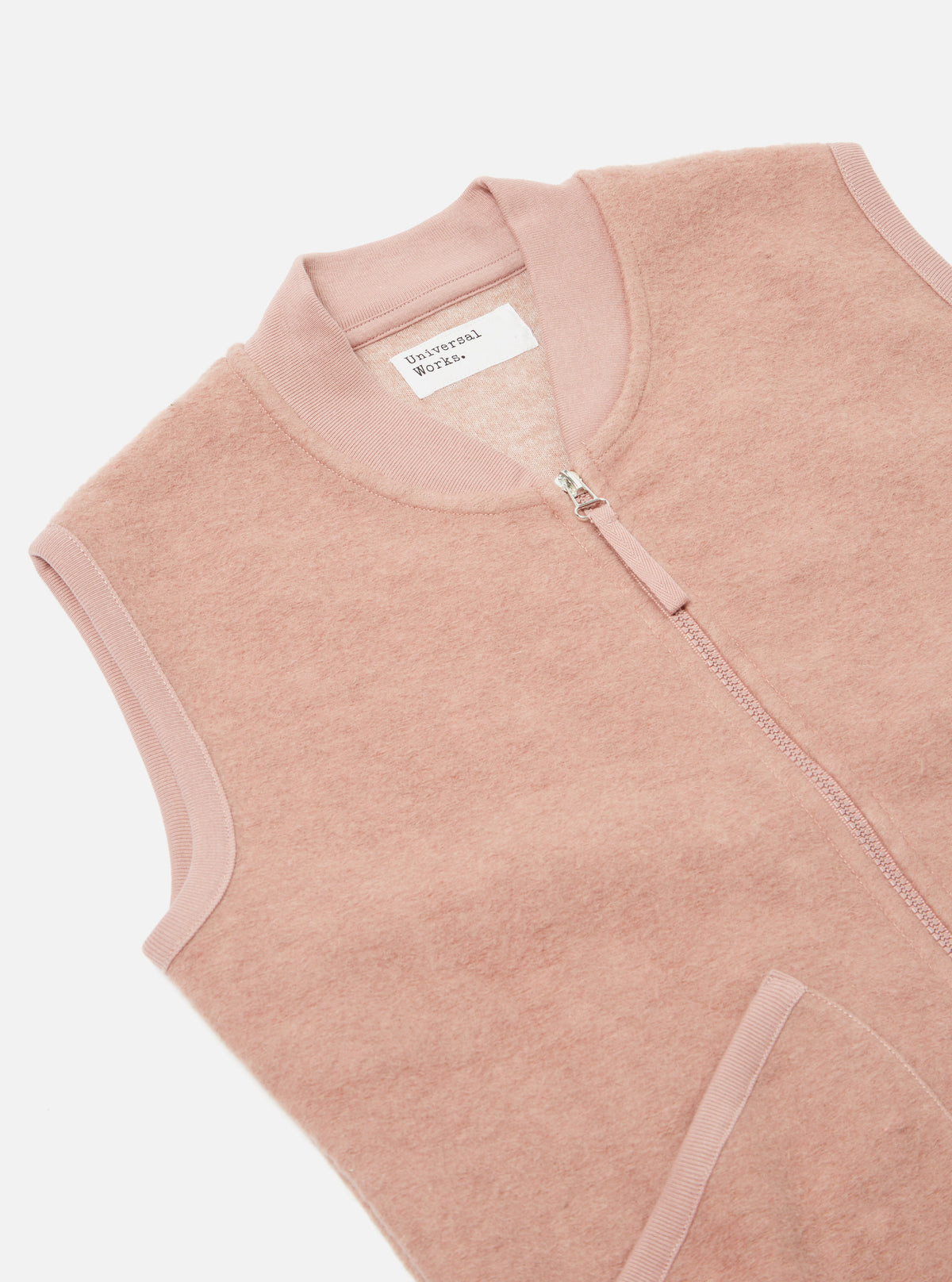 Universal Works Zip Waistcoat in Pink Wool Fleece