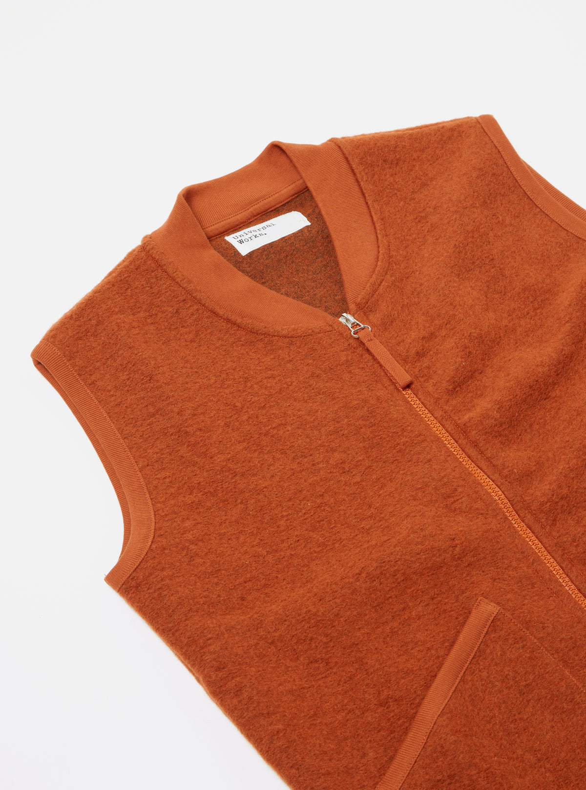 Universal Works Zip Waistcoat in Orange Wool Fleece