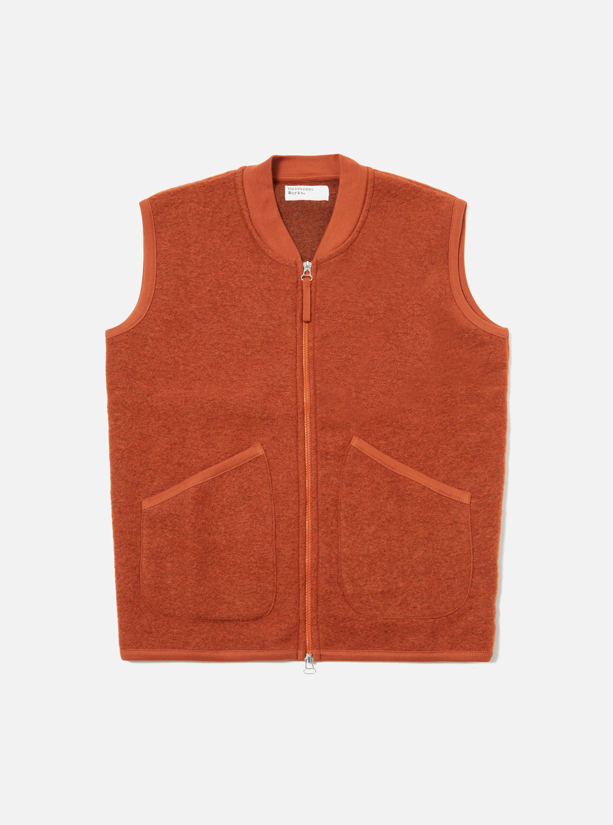 Universal Works Zip Waistcoat in Orange Wool Fleece