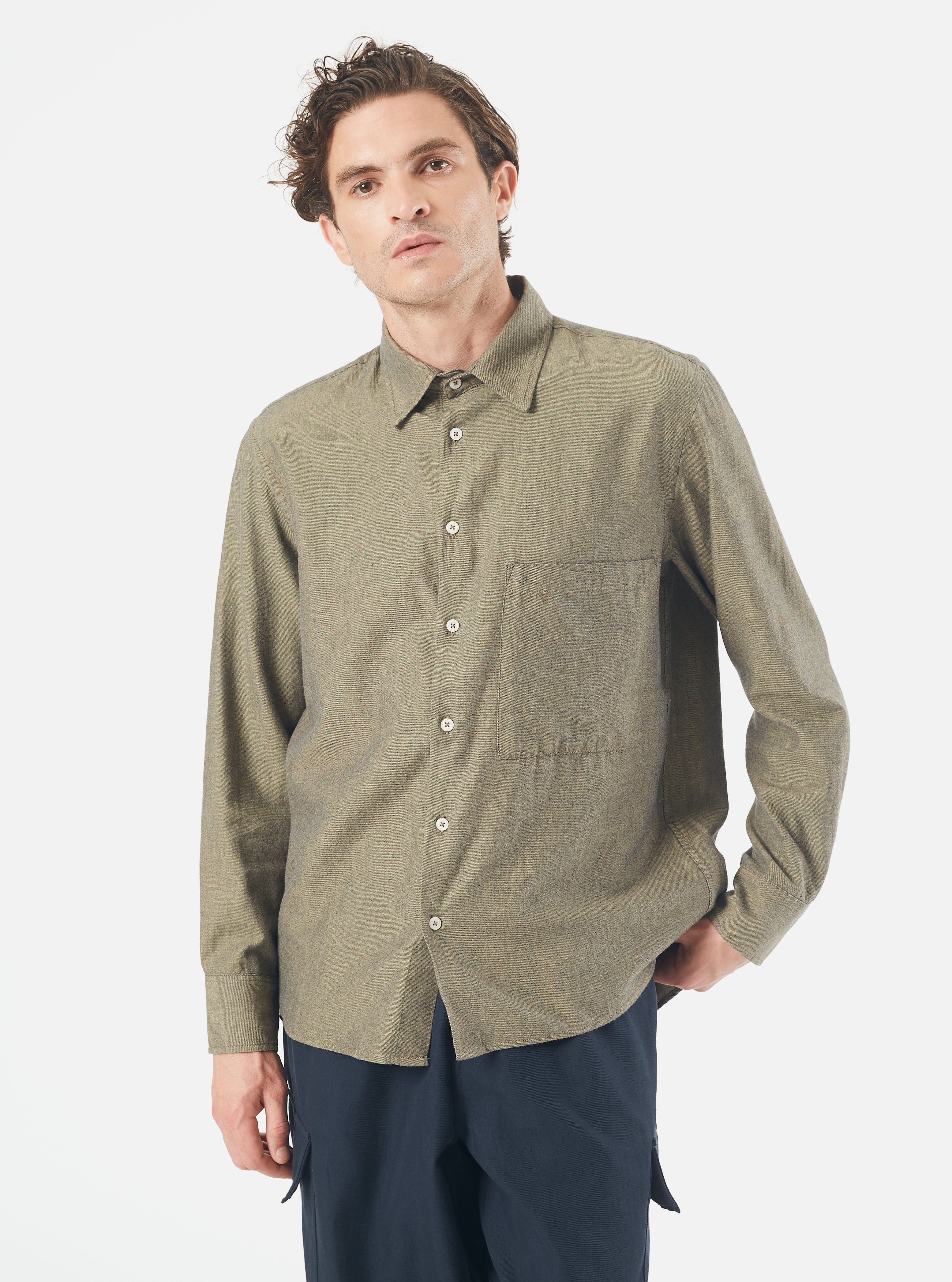Universal Works Square Pocket Shirt in Olive IT Brushed Twill