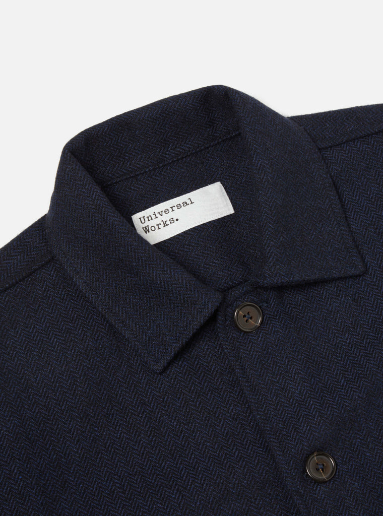 Universal Works Easy Overshirt in Navy Herringbone Recycled Wool