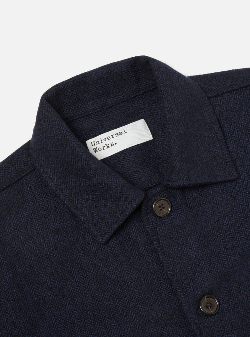 Universal Works Easy Overshirt in Navy Herringbone Recycled Wool