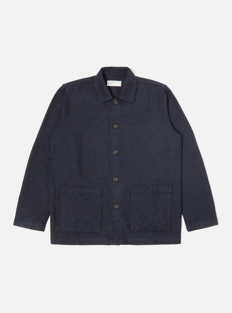 Universal Works Easy Overshirt in Navy Herringbone Recycled Wool