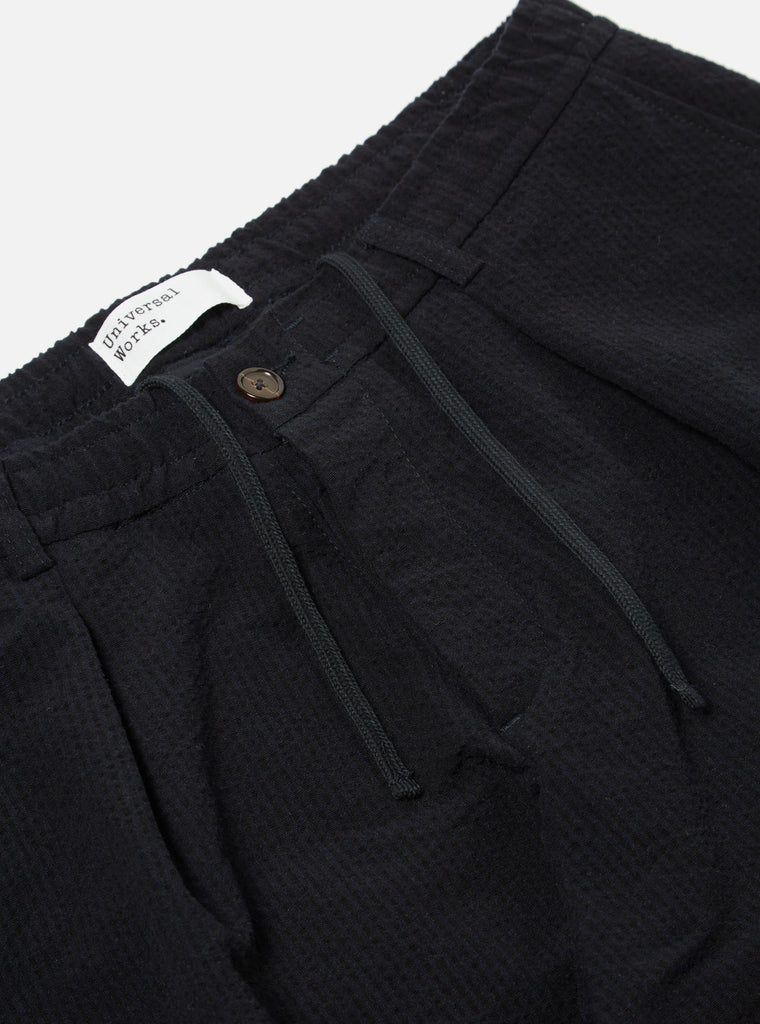 Universal Works Pleated Track Pant in Navy Wool Cotton Seersucker