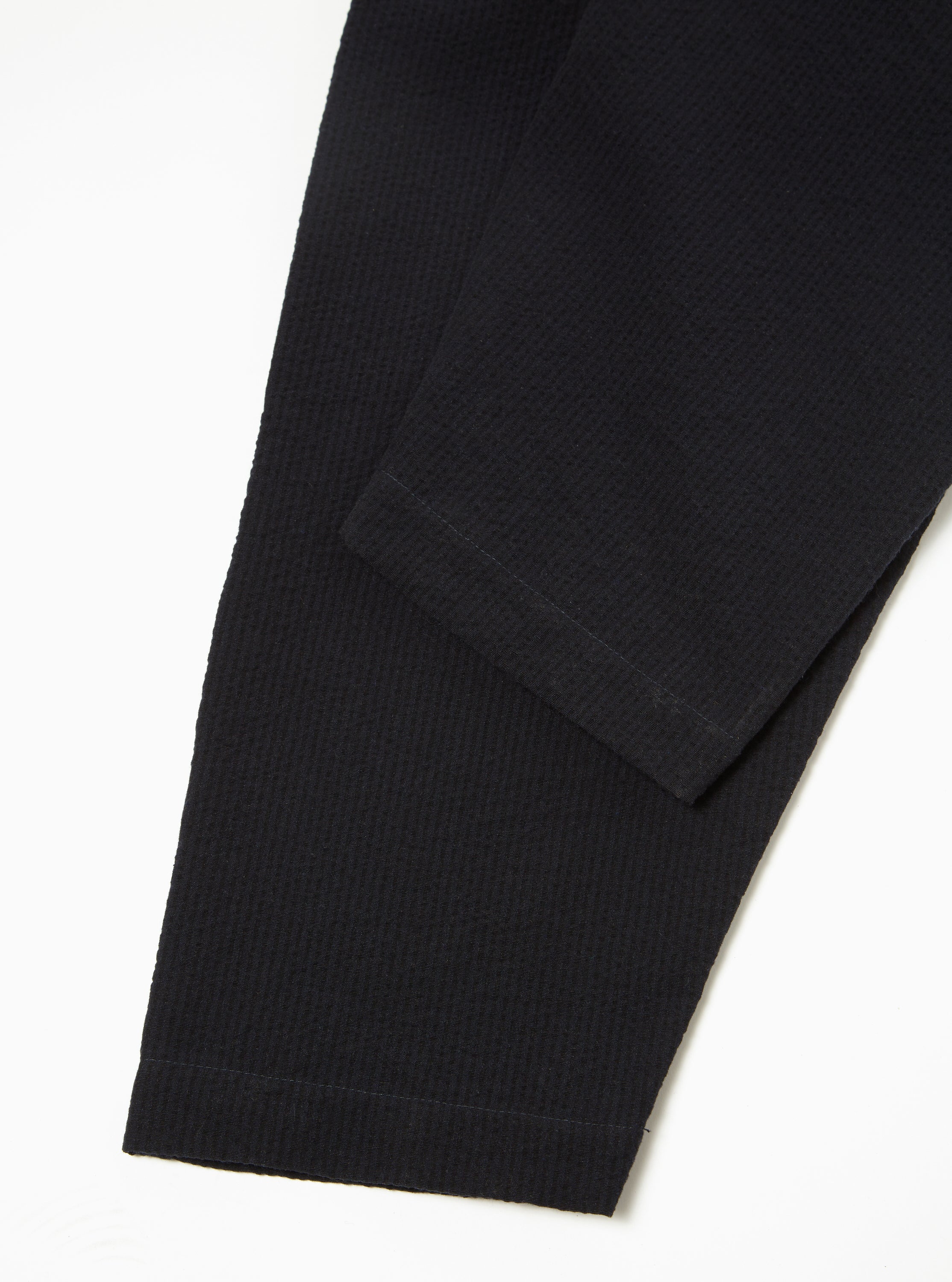 Universal Works Pleated Track Pant in Navy Wool Cotton Seersucker