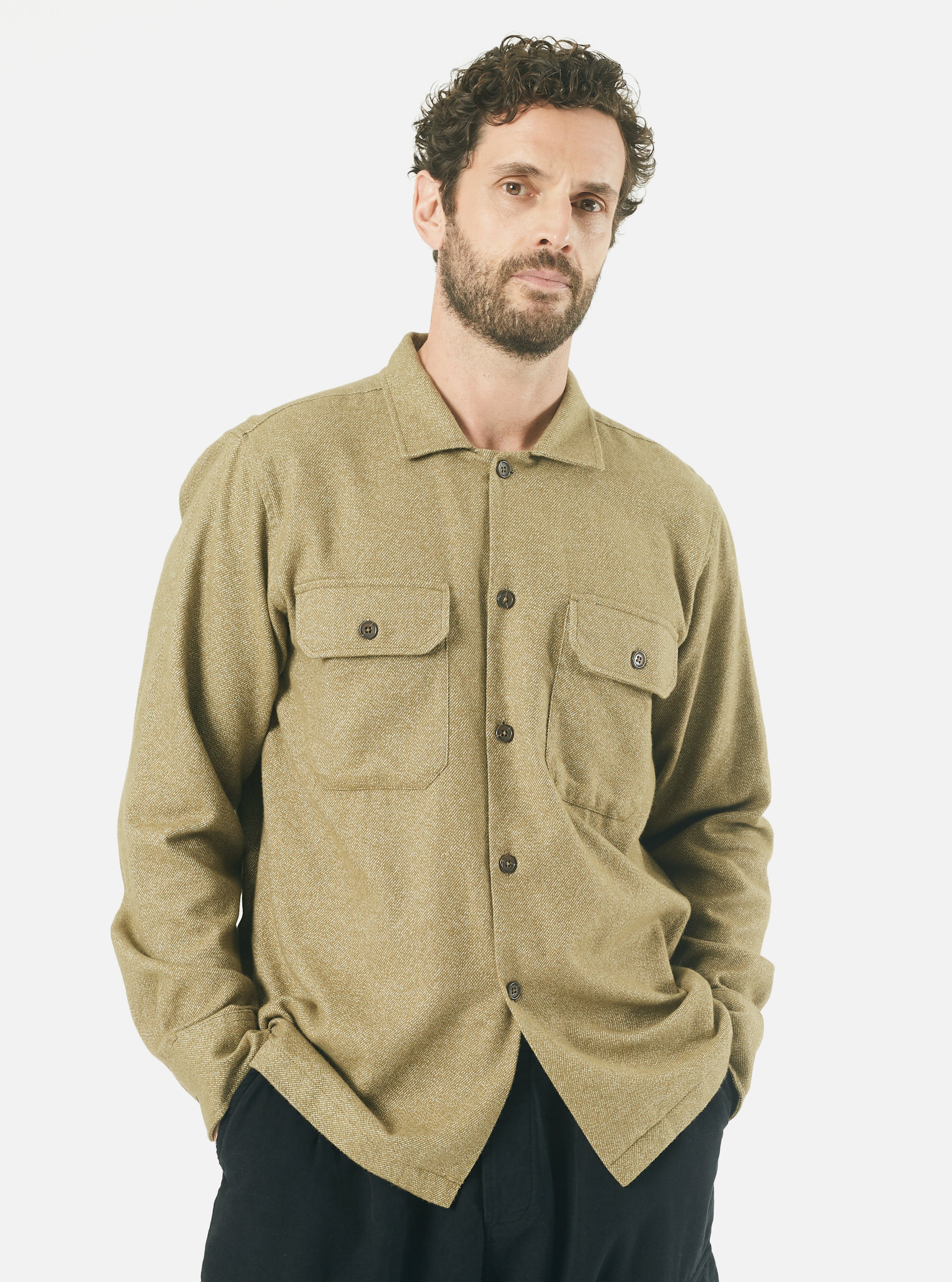 Universal Works L/S Utility Shirt in Olive Soft Flannel Cotton
