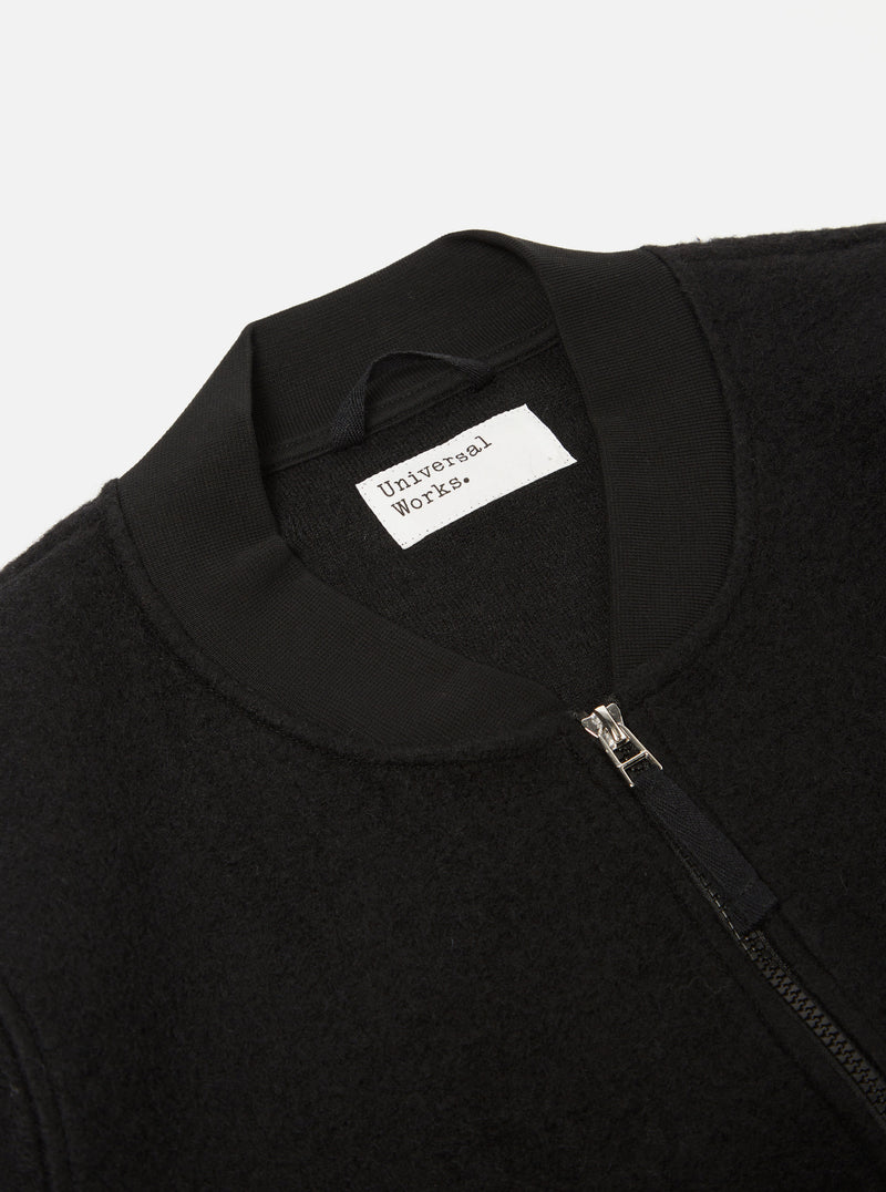Universal Works Zip Bomber in Black Wool Fleece