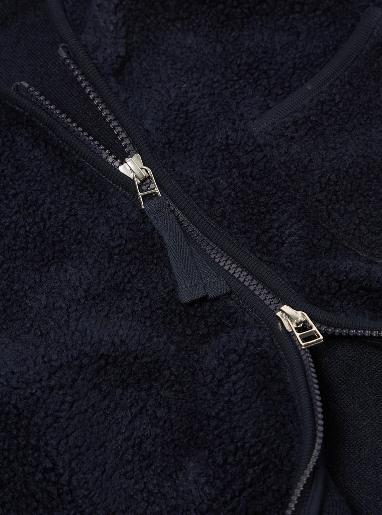Universal Works Zip Gilet in Navy Mountain Fleece