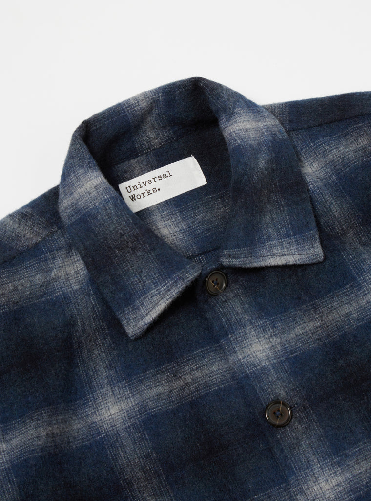 Universal Works Easy Overshirt in Navy Check Recycled Wool Mix Flannel