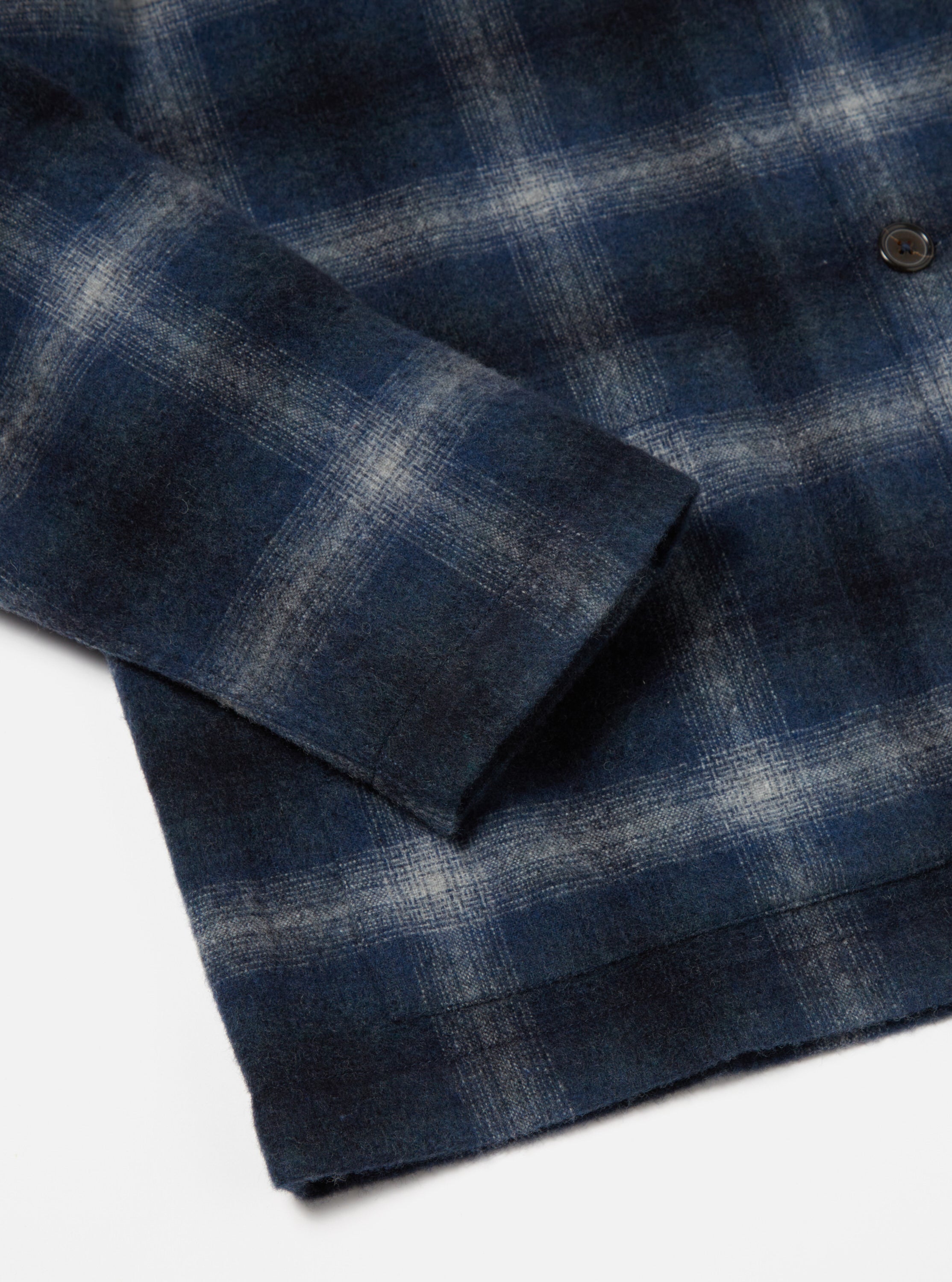 Universal Works Easy Overshirt in Navy Check Recycled Wool Mix Flannel