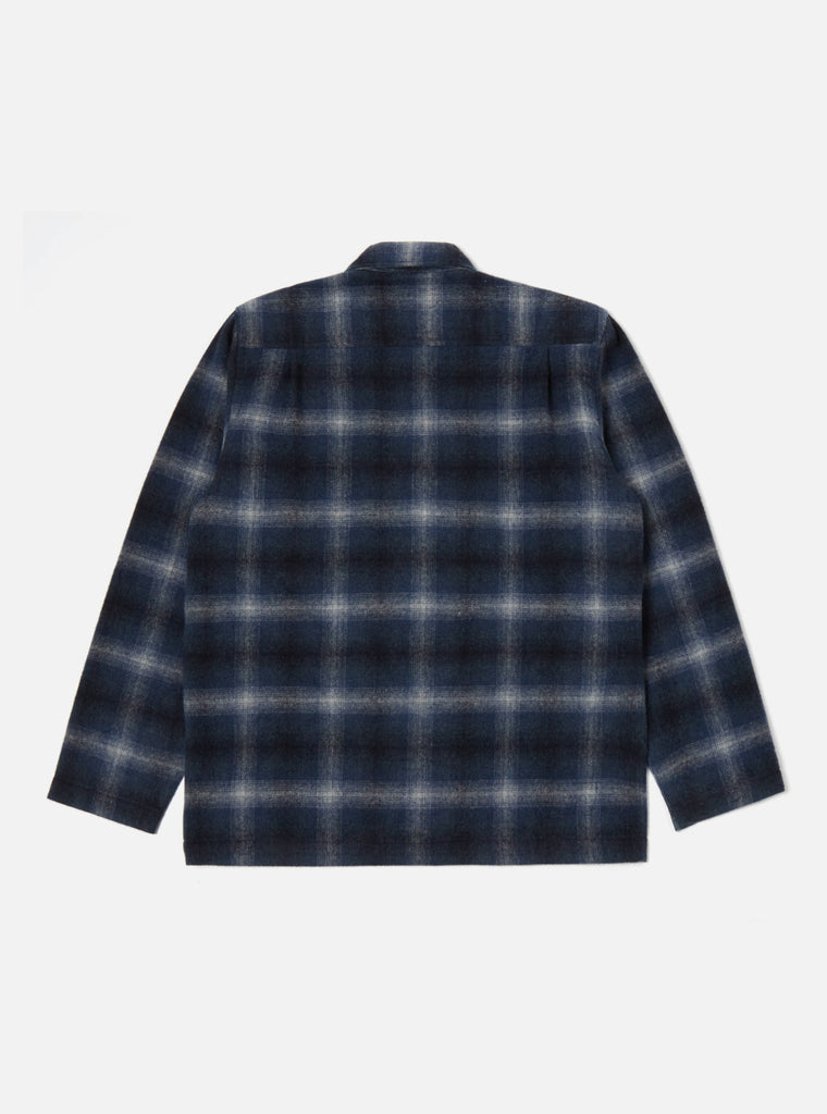 Universal Works Easy Overshirt in Navy Check Recycled Wool Mix Flannel