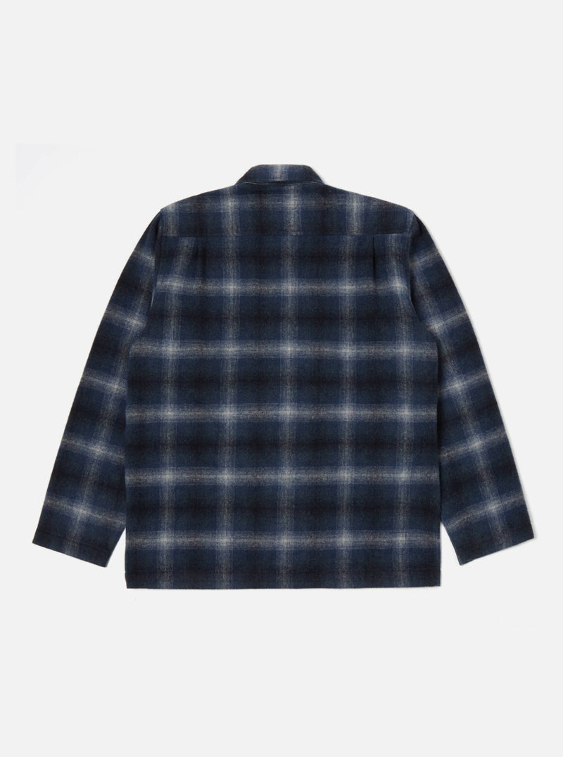 Universal Works Easy Overshirt in Navy Check Recycled Wool Mix Flannel