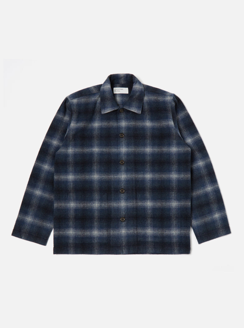 Universal Works Easy Overshirt in Navy Check Recycled Wool Mix Flannel