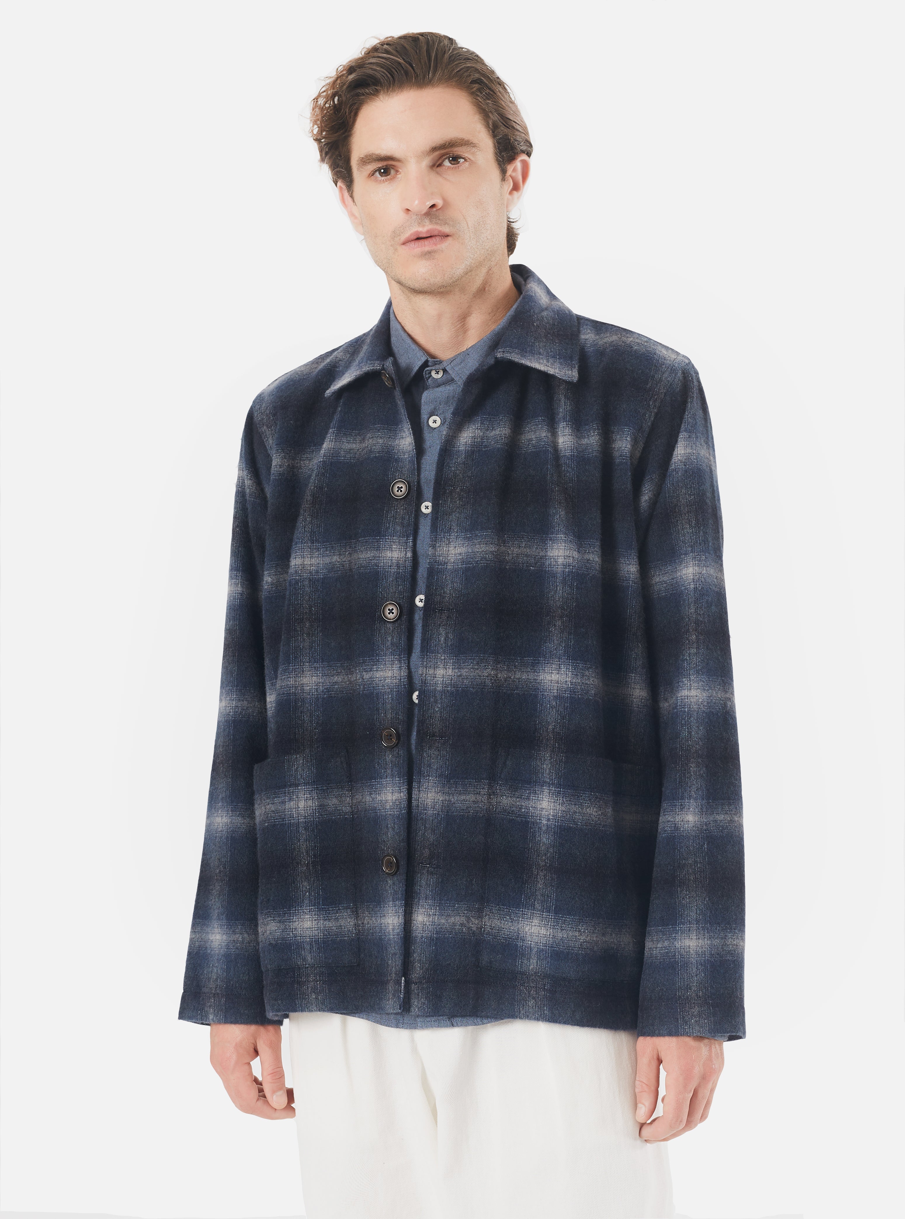 Universal Works Easy Overshirt in Navy Check Recycled Wool Mix Flannel