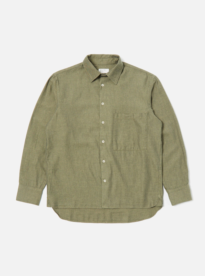 Universal Works Square Pocket Shirt in Olive IT Brushed Twill