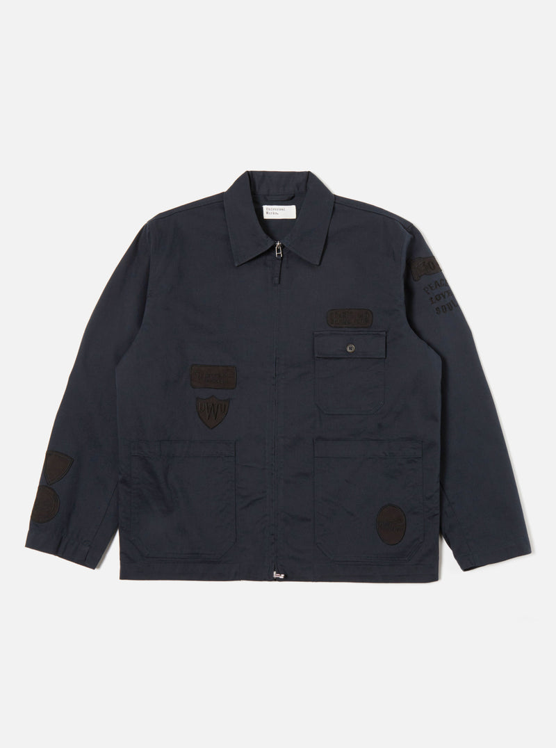 Universal Works Gower Jacket in Embroidered Navy Twill