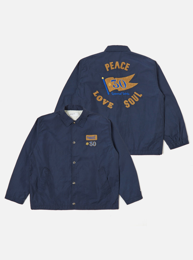 Universal Works Embroidered Head Coach Jacket in Navy Halley Ripstop