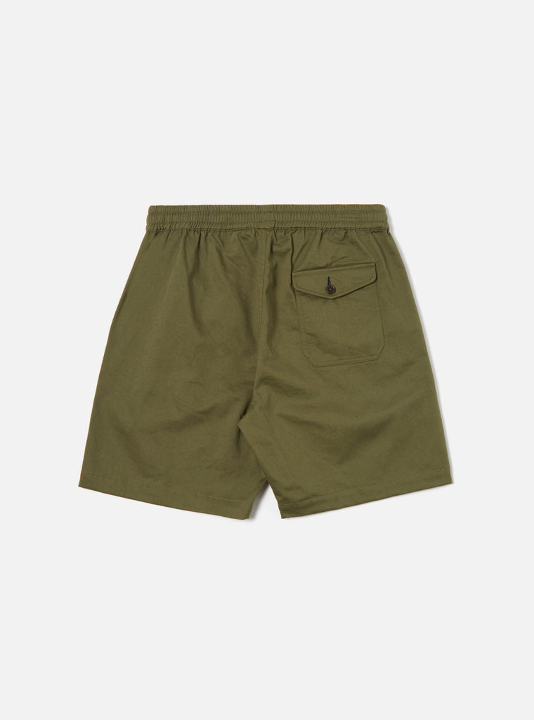 Universal Works Beach Short in Light Olive Twill