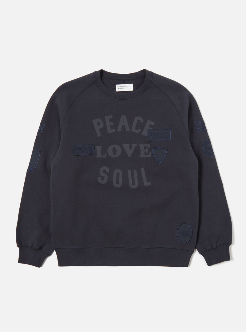 Universal Works 'Peace, Love & Soul' Sweatshirt in Navy Brush Back Sweat
