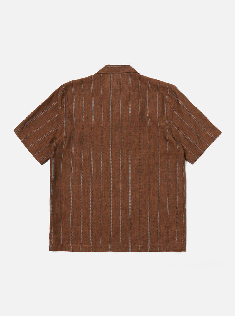 Universal Works Road Shirt in Brown Stripe Linen