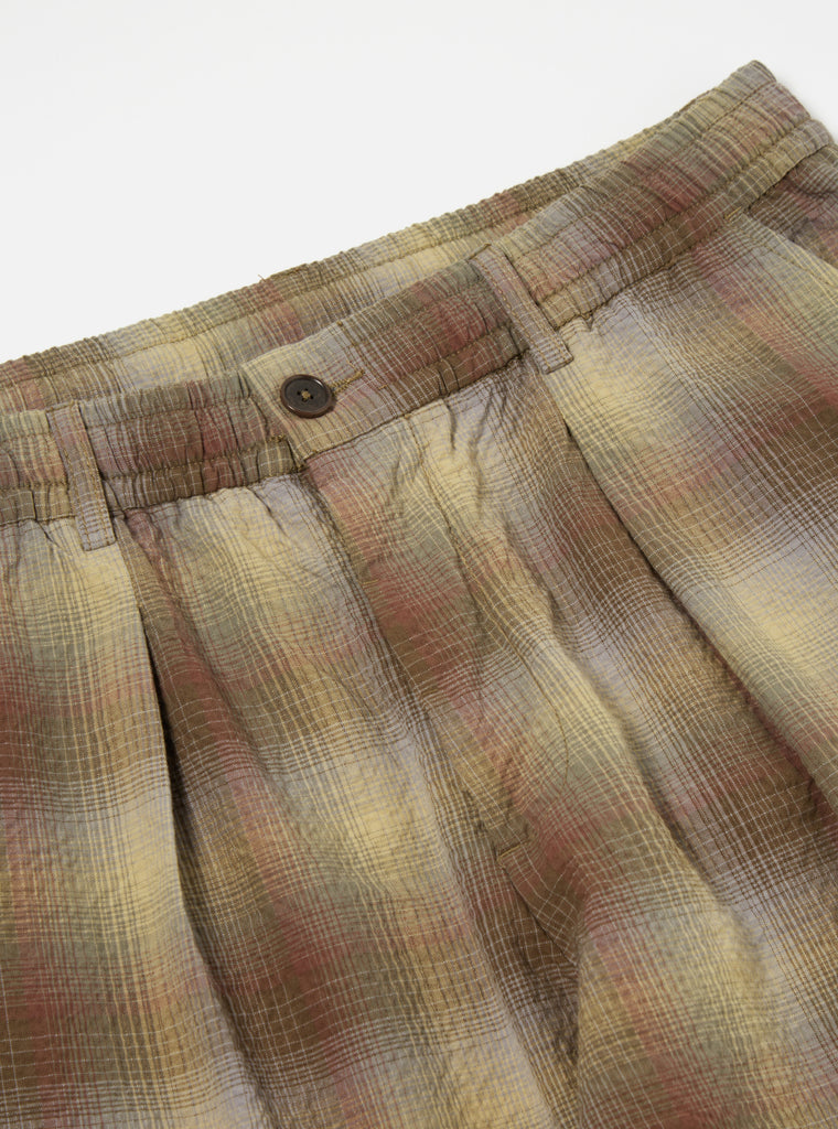 Universal Works Pleated Track Pant in Olive Portuguese Check Seersucker
