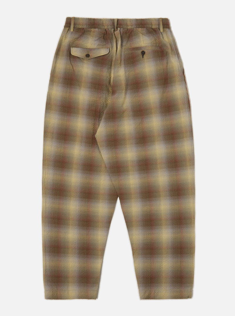Universal Works Pleated Track Pant in Olive Portuguese Check Seersucker