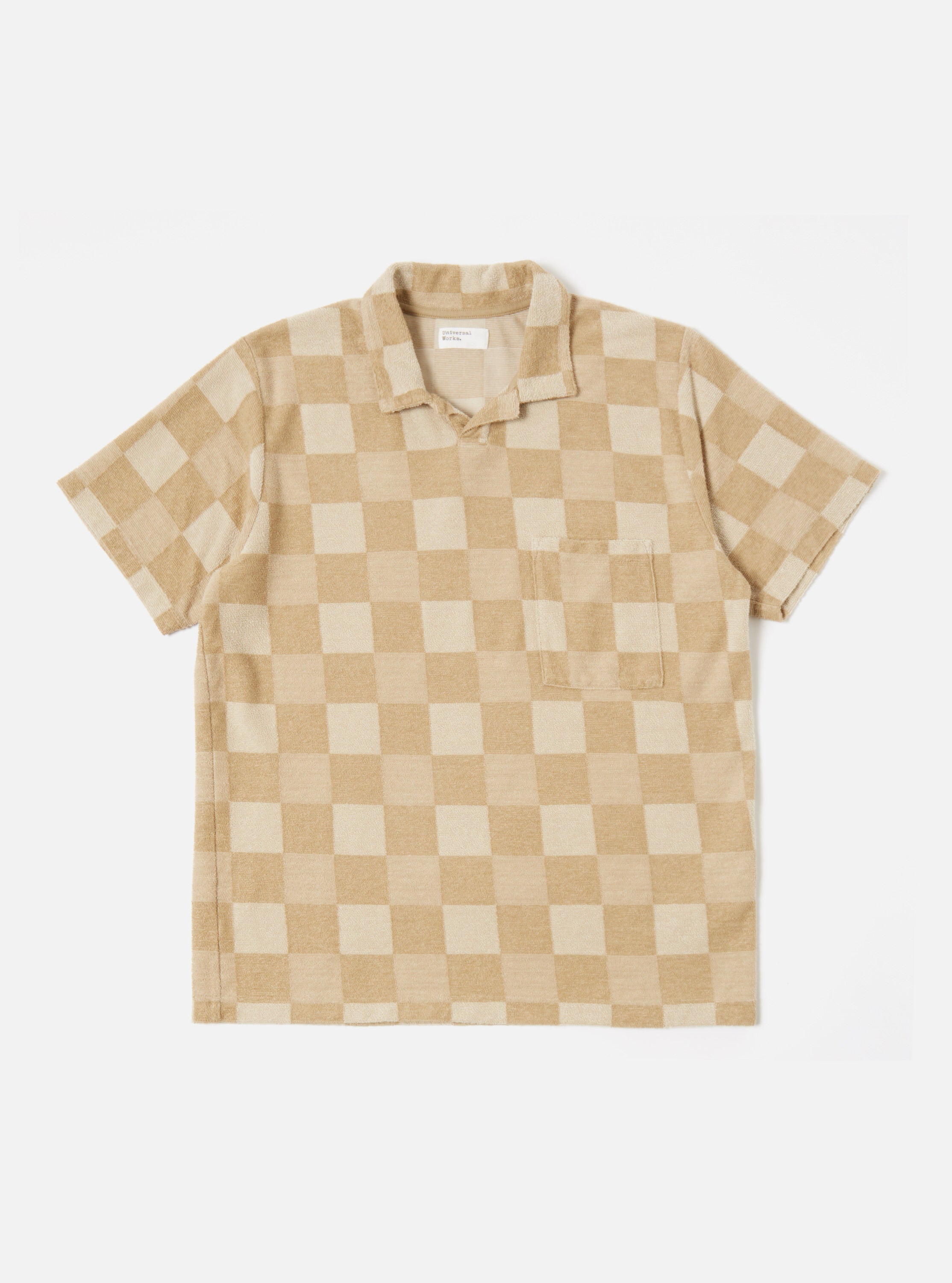 Universal Works Vacation Polo in Sand Checkboard Towelling