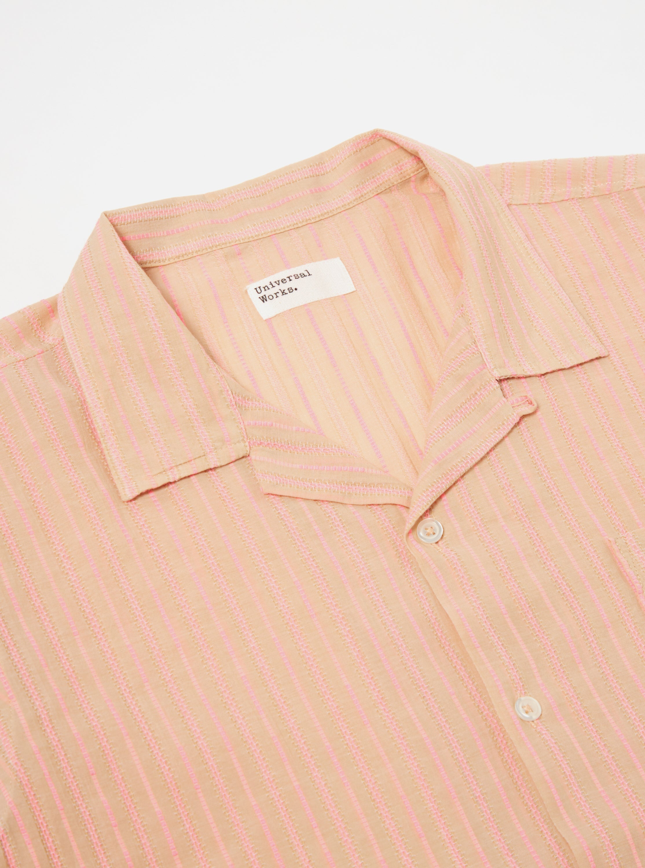 Universal Works Road Shirt in Beige/Pink Fluro Cotton