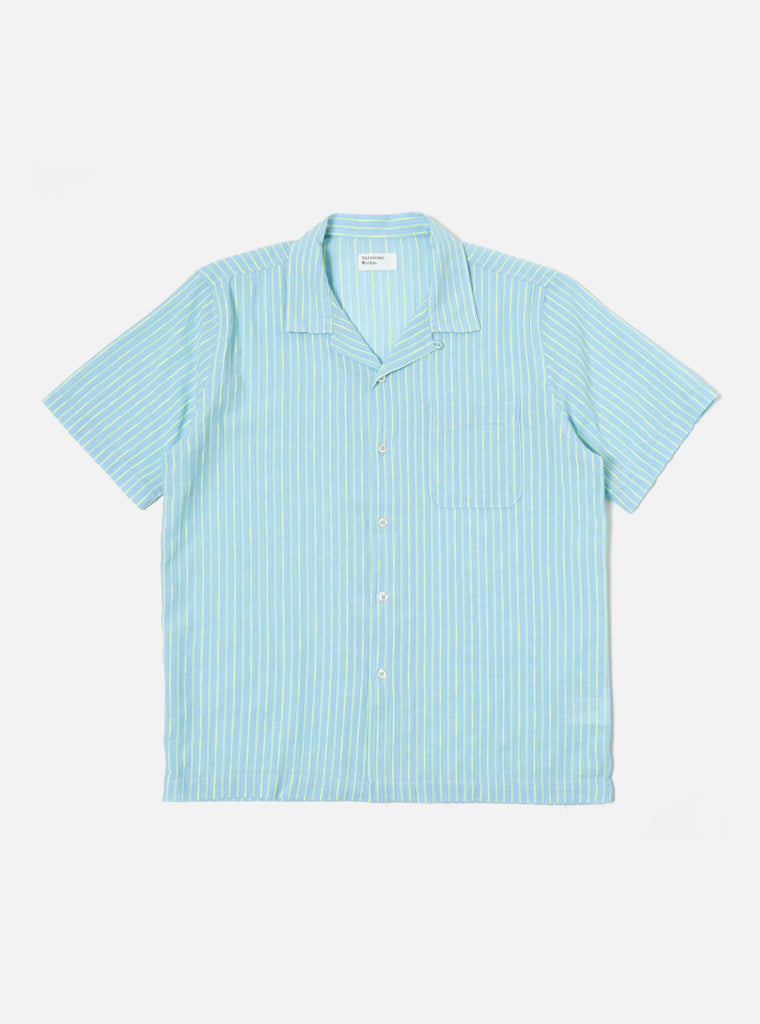 Universal Works Road Shirt in Sky/Green Fluro Cotton