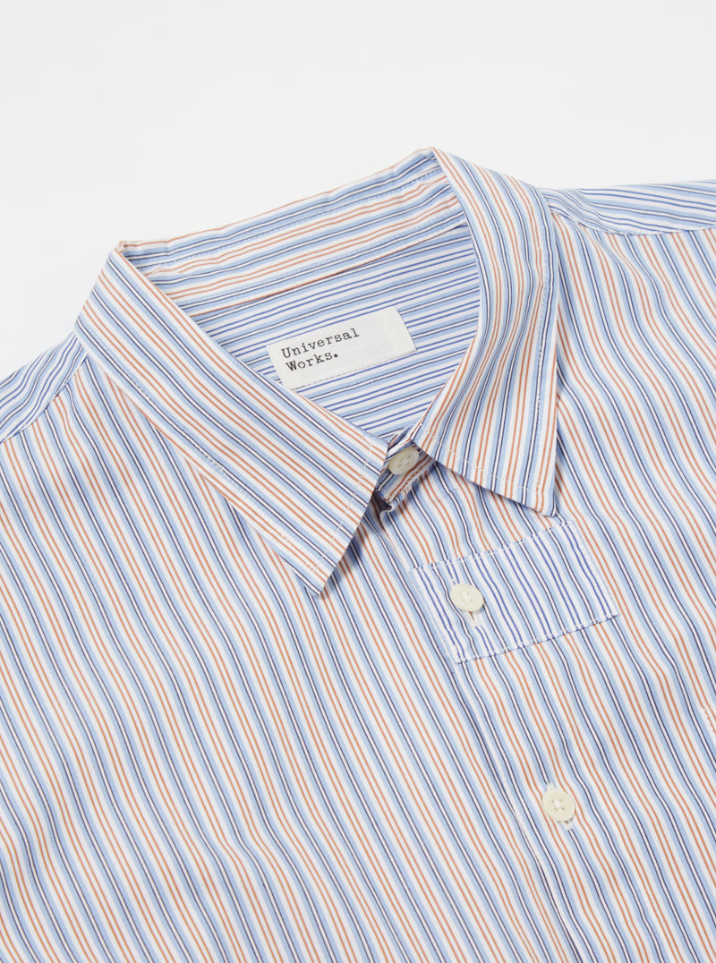 Universal Works Patched Shirt in Blue Stripe Busy Stripe Cotton