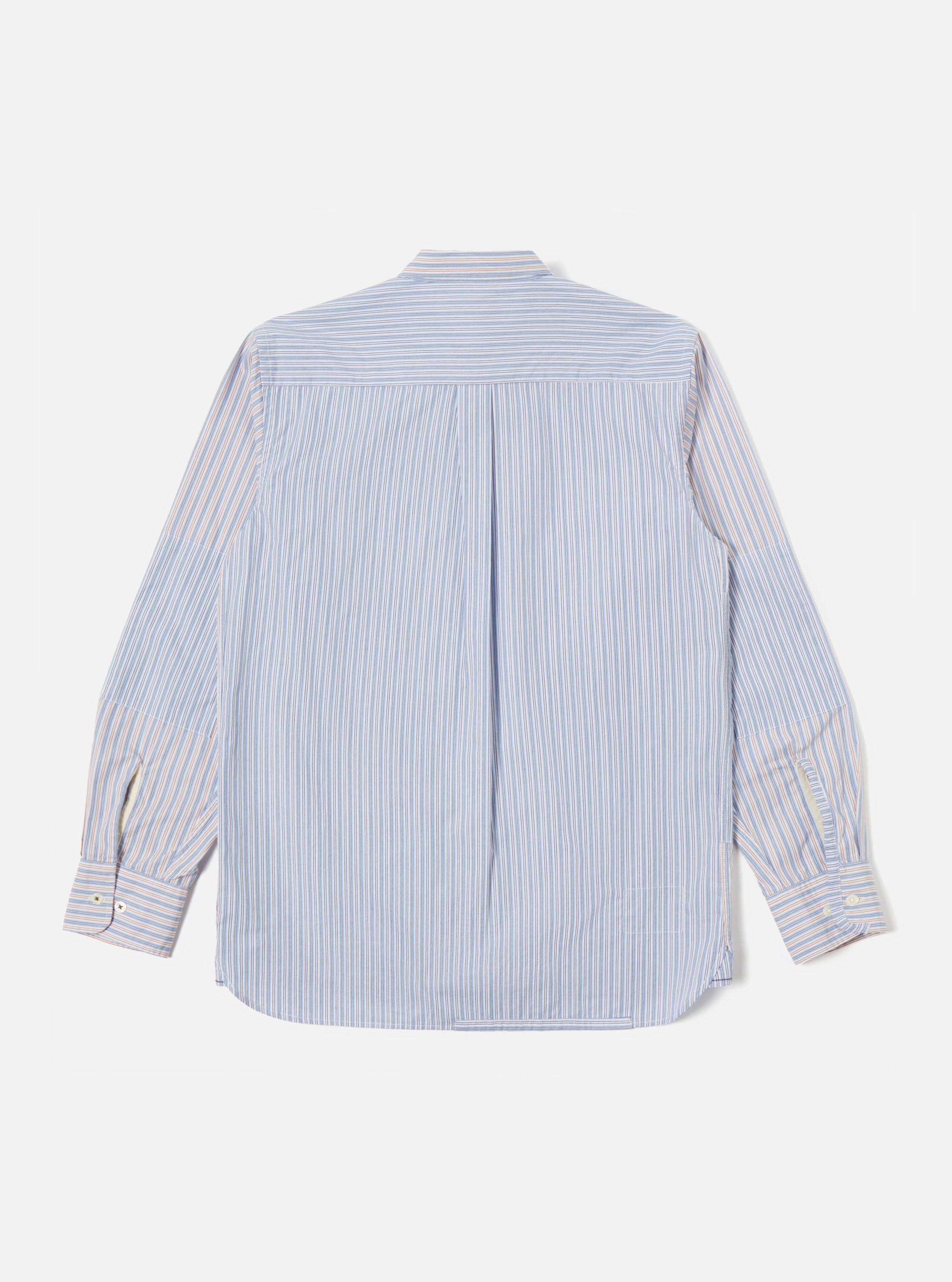 Universal Works Patched Shirt in Blue Stripe Busy Stripe Cotton