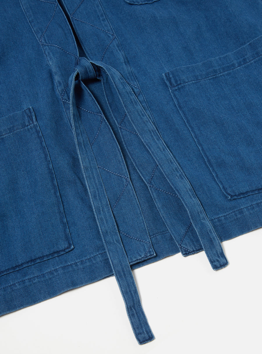 Universal Works Tie Front Jacket in Washed Indigo Herringbone Denim