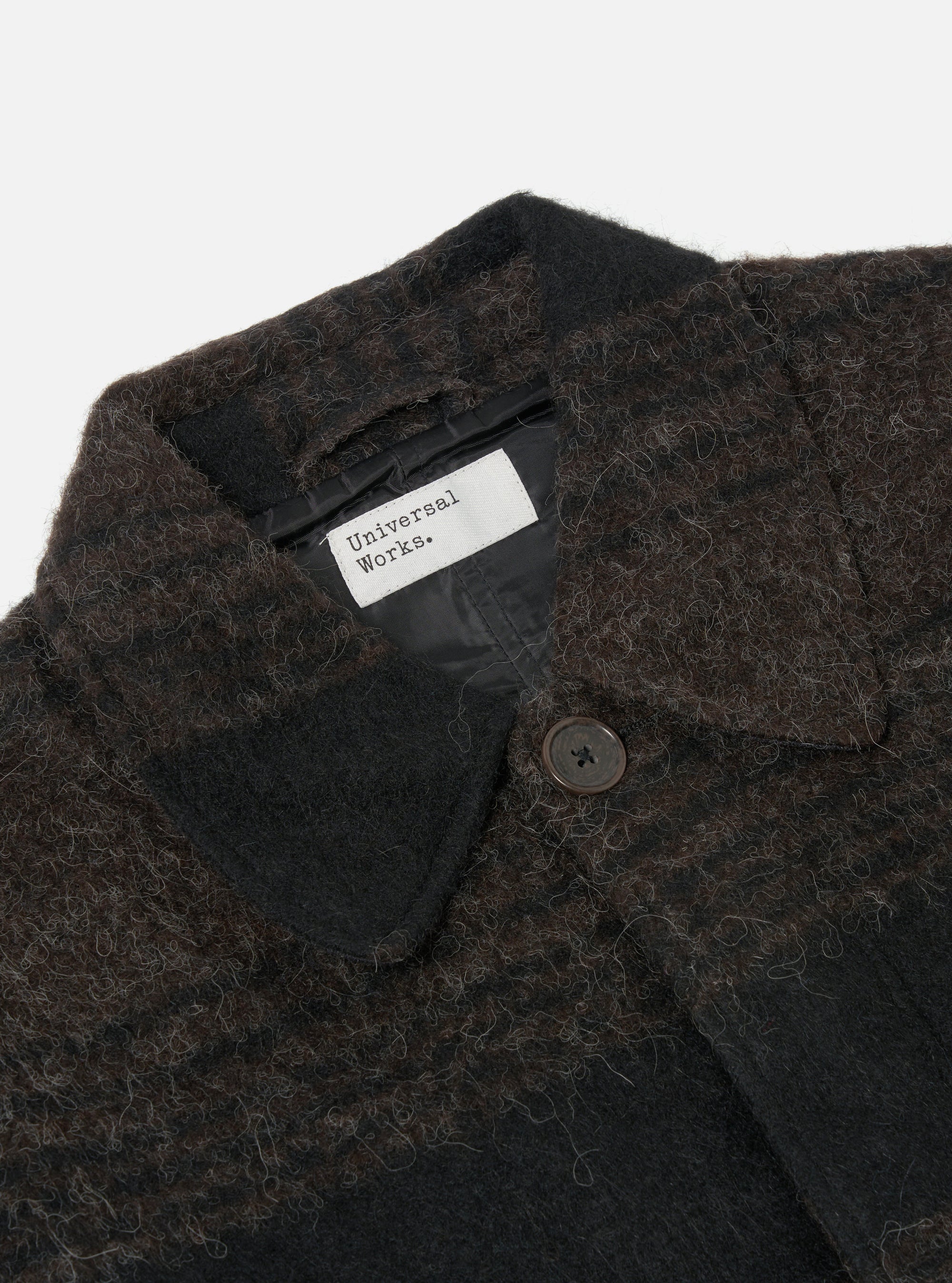 Universal Works Account Coat in Brown/Black Alpaca Recycled Mix