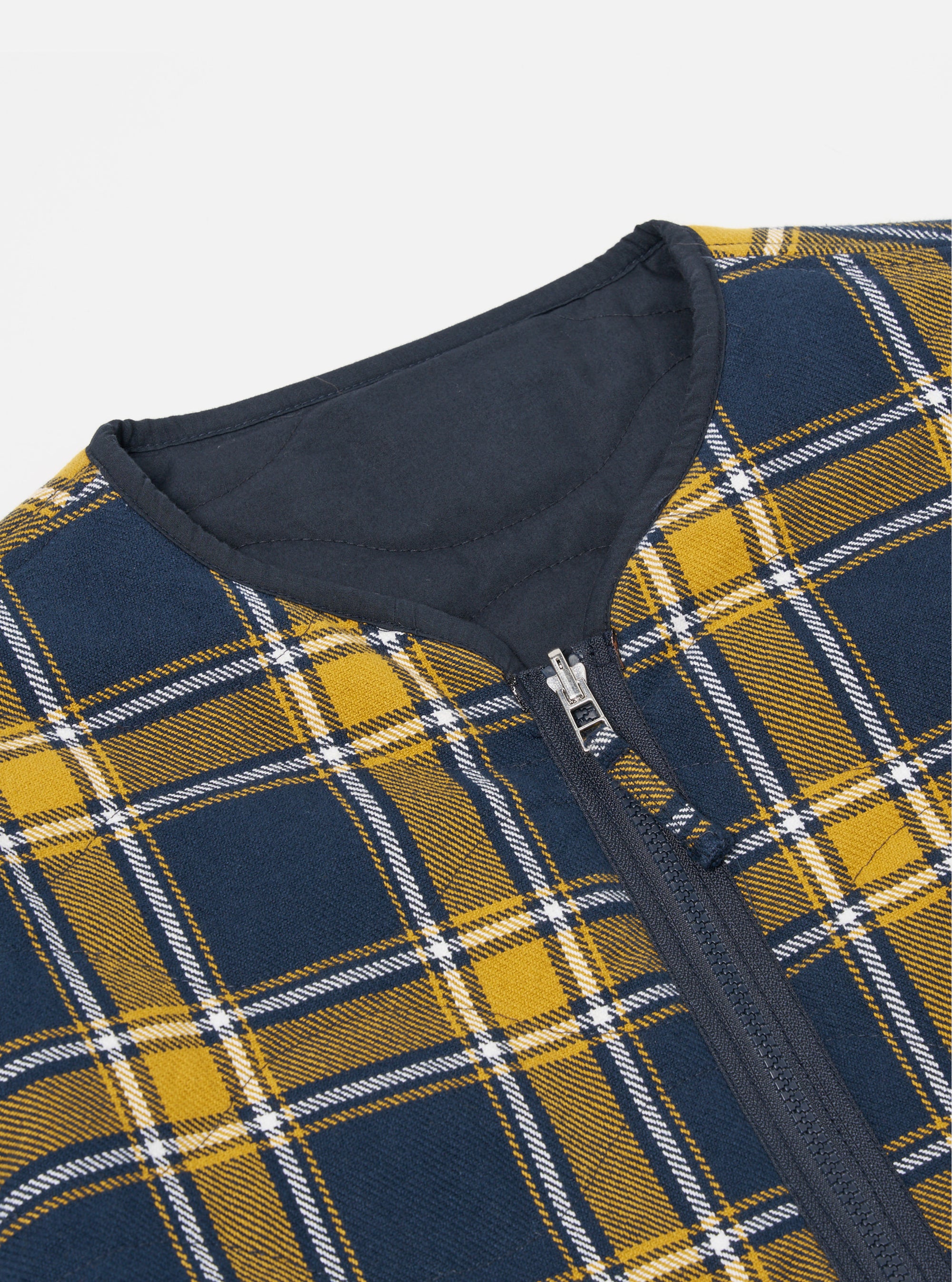 Universal Works Reversible Military Liner Jacket in Yellow/Navy Twill Check Tartan