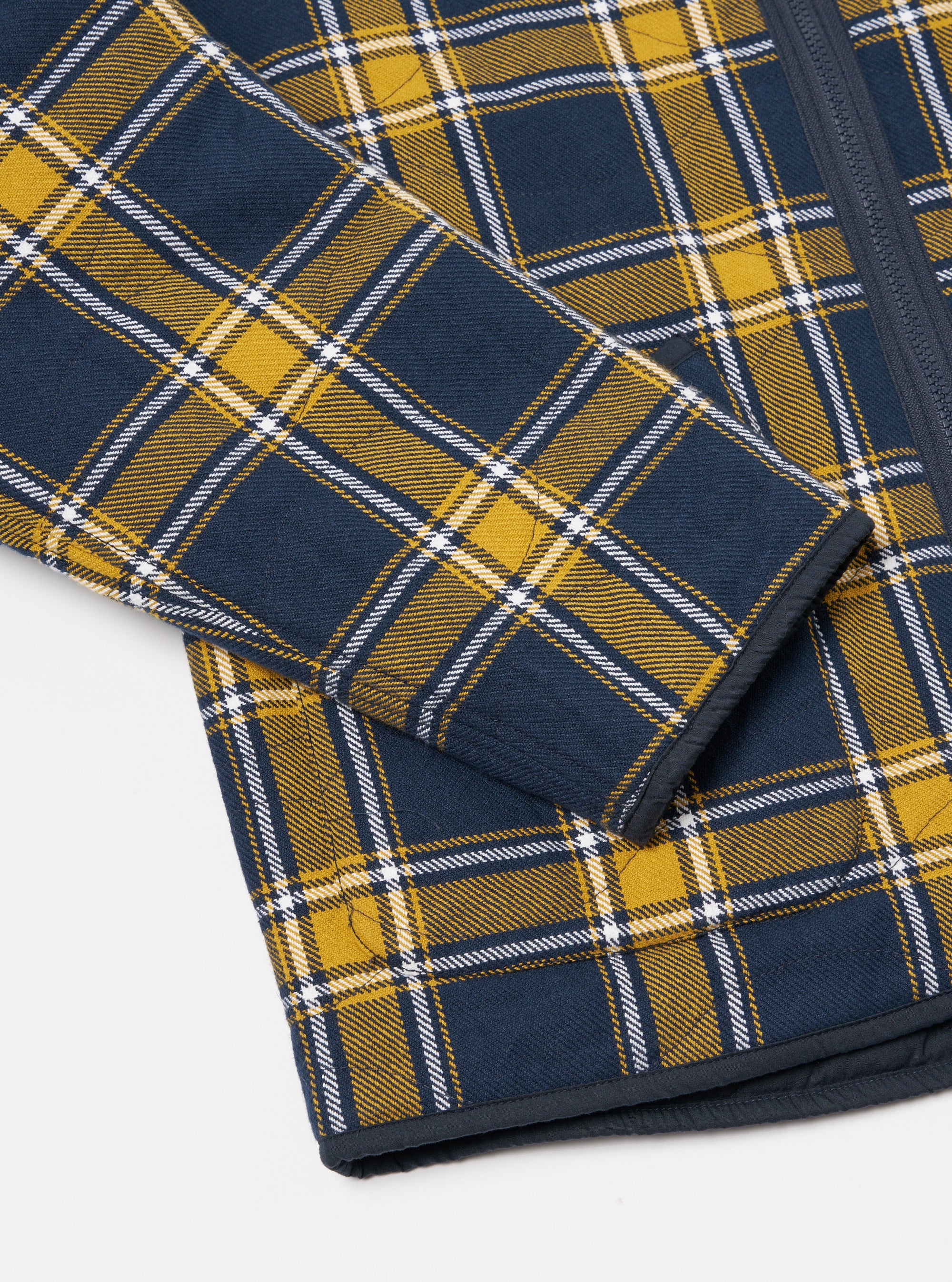 Universal Works Reversible Military Liner Jacket in Yellow/Navy Twill Check Tartan