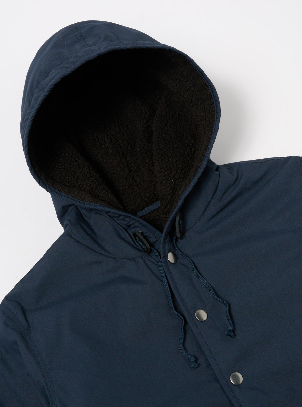 Universal Works Reversible Simple Hooded Jacket in Navy/Brown Recycled Polytech/Sherpa