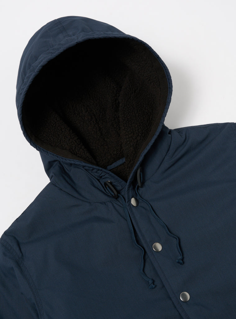 Universal Works Reversible Simple Hooded Jacket in Navy/Brown Recycled Poly Tech/Sherpa