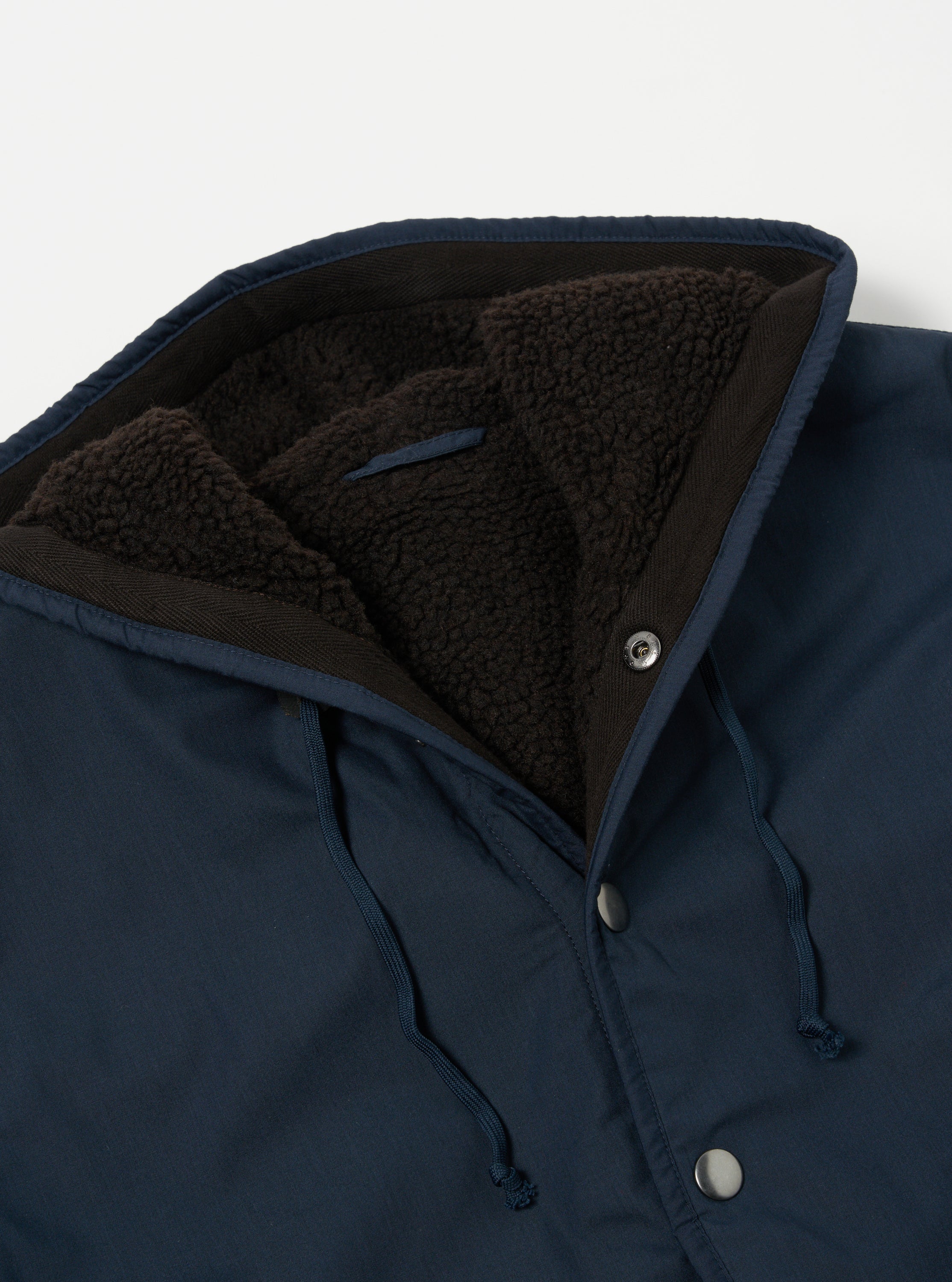 Universal Works Reversible Simple Hooded Jacket in Navy/Brown Recycled Poly Tech/Sherpa