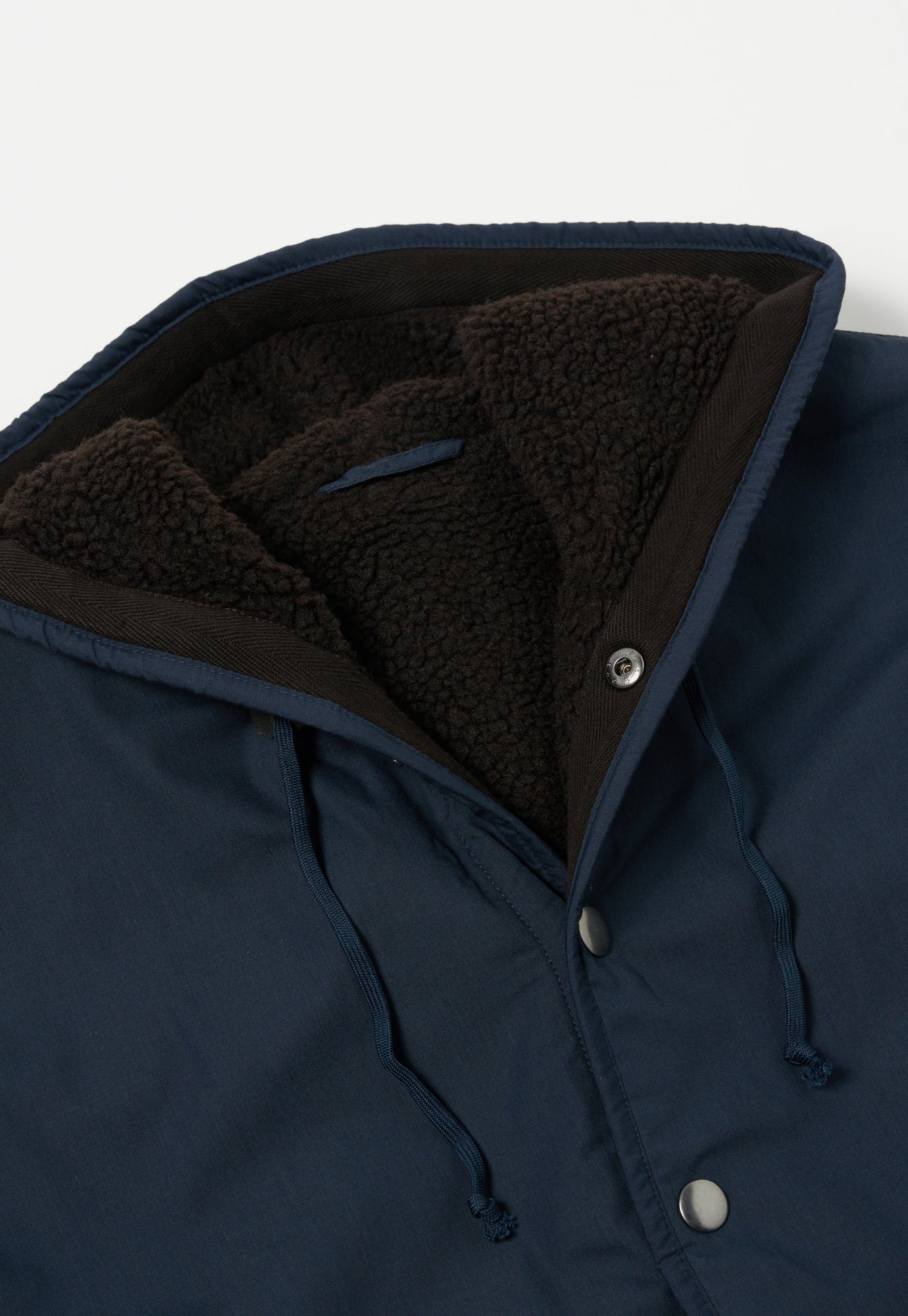 Universal Works Reversible Simple Hooded Jacket in Navy/Brown Recycled Poly Tech/Sherpa