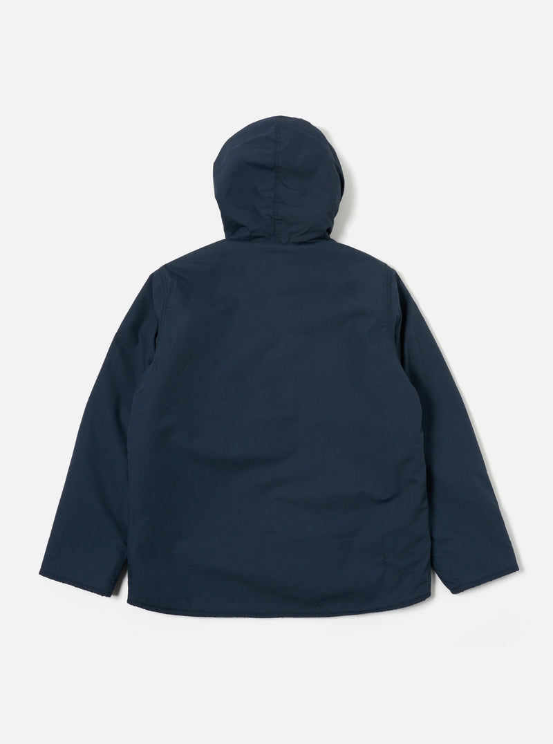 Universal Works Reversible Simple Hooded Jacket in Navy/Brown Recycled Poly Tech/Sherpa