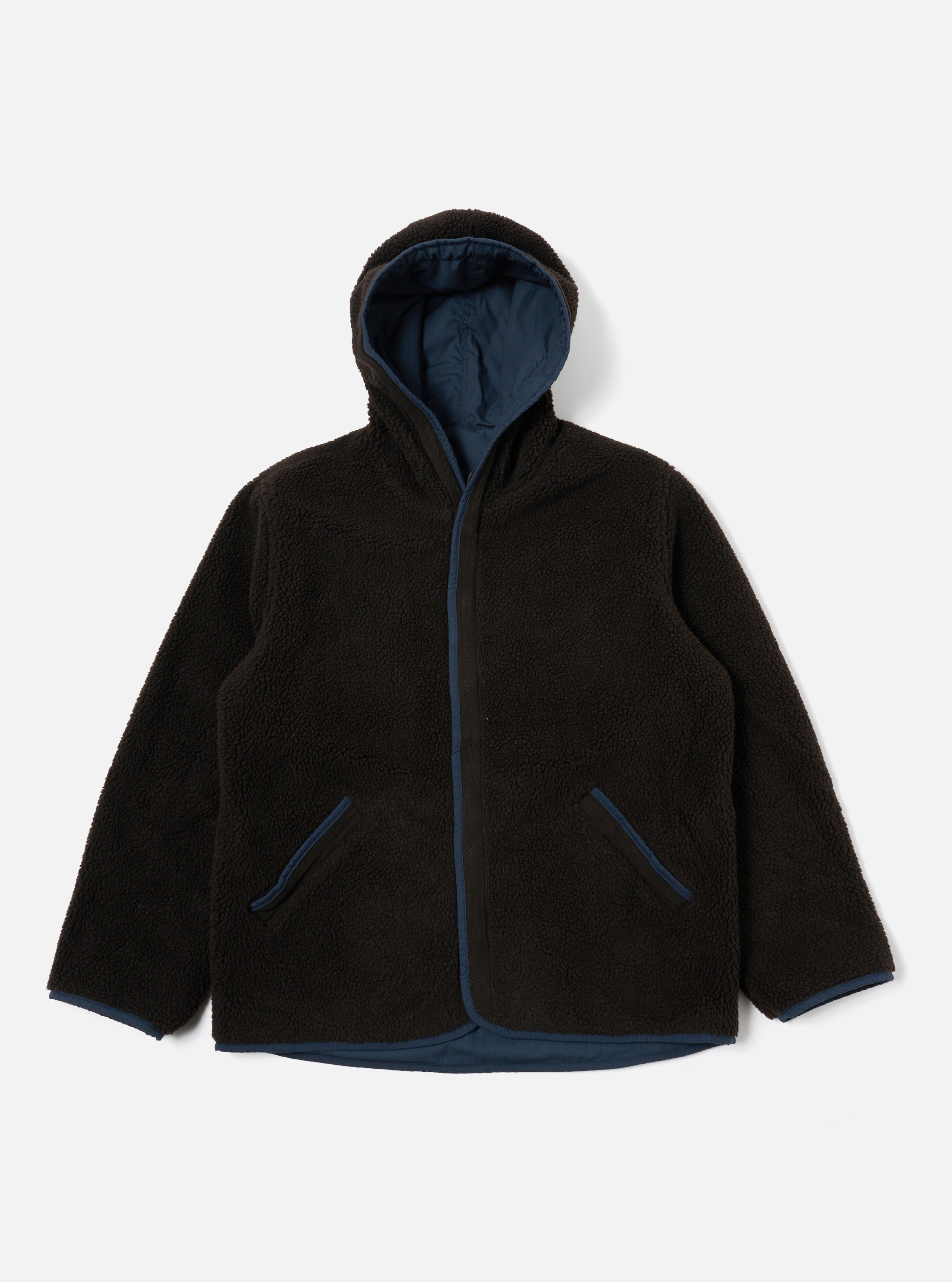 Universal Works Reversible Simple Hooded Jacket in Navy/Brown Recycled Poly Tech/Sherpa