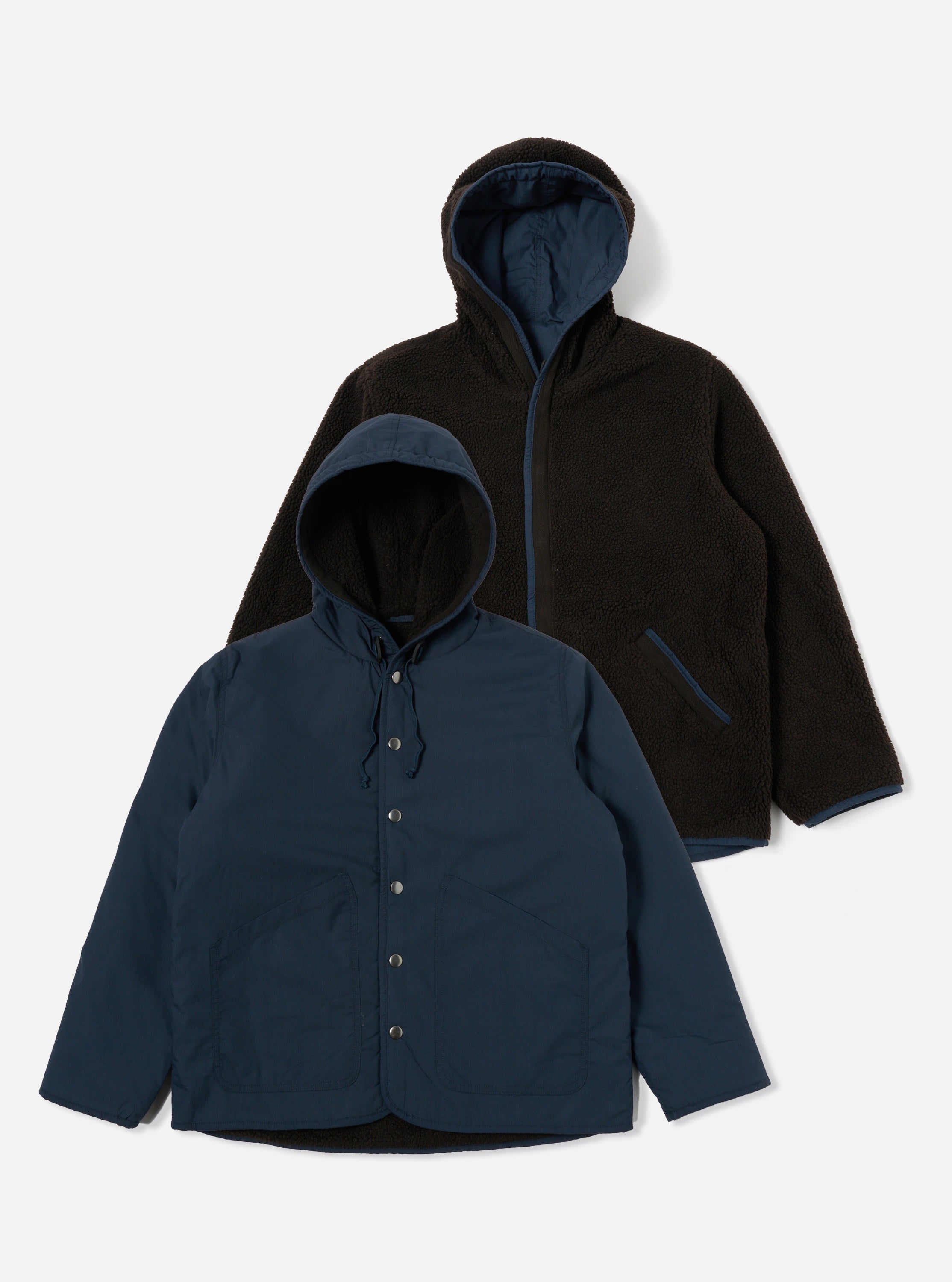 Universal Works Reversible Simple Hooded Jacket in Navy/Brown Recycled