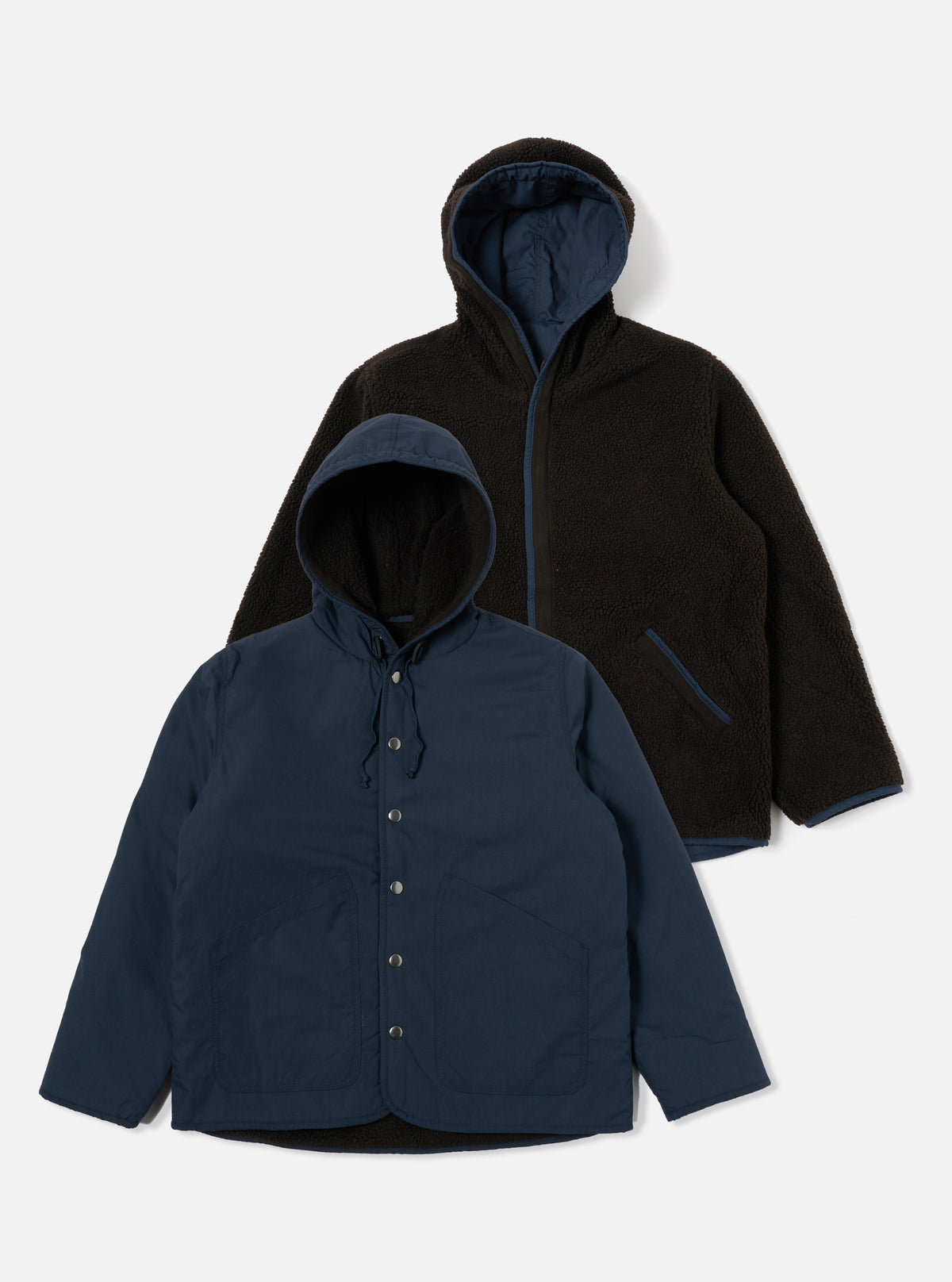 Universal Works Reversible Simple Hooded Jacket in Navy/Brown Recycled Polytech/Sherpa