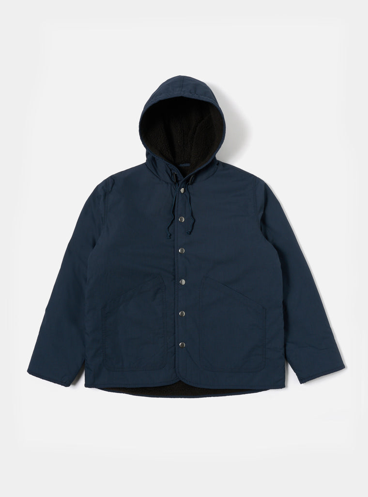 Universal Works Reversible Simple Hooded Jacket in Navy/Brown Recycled Poly Tech/Sherpa